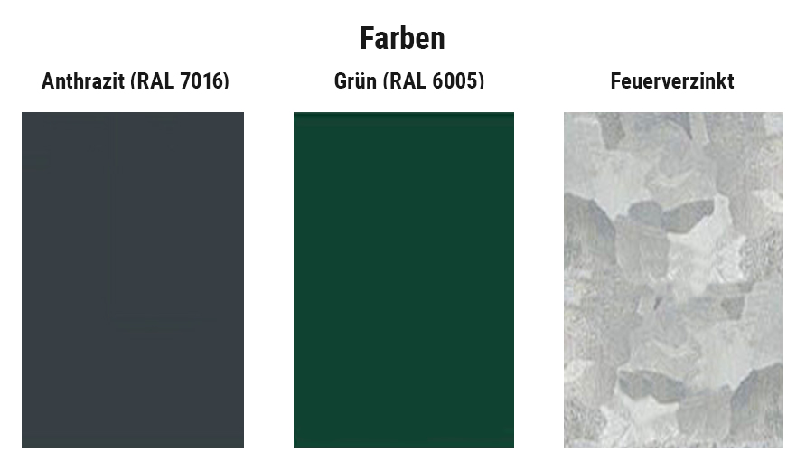 Farbauswahl für Doppelstabmattenzaun Komplettsets: Anthrazit (RAL 7016), Grün (RAL 6005) oder feuerverzinkt.