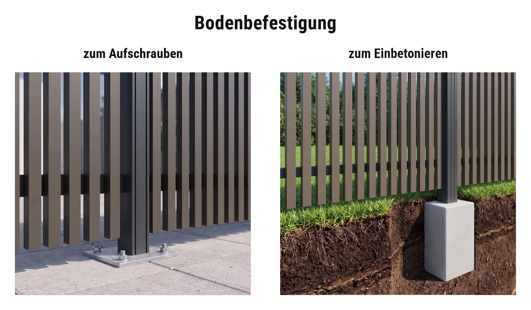 Montage Alu Lattenzaun Husum: Eco Aluminiumpfosten mit Eco Standfuß oder im Betonfundament