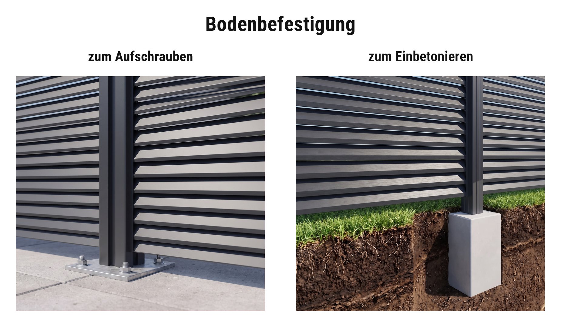 Montage Alu Rhombuszaun Büsum: Eco Steckzaun Pfosten mit Pfostenträger oder im Betonfundament