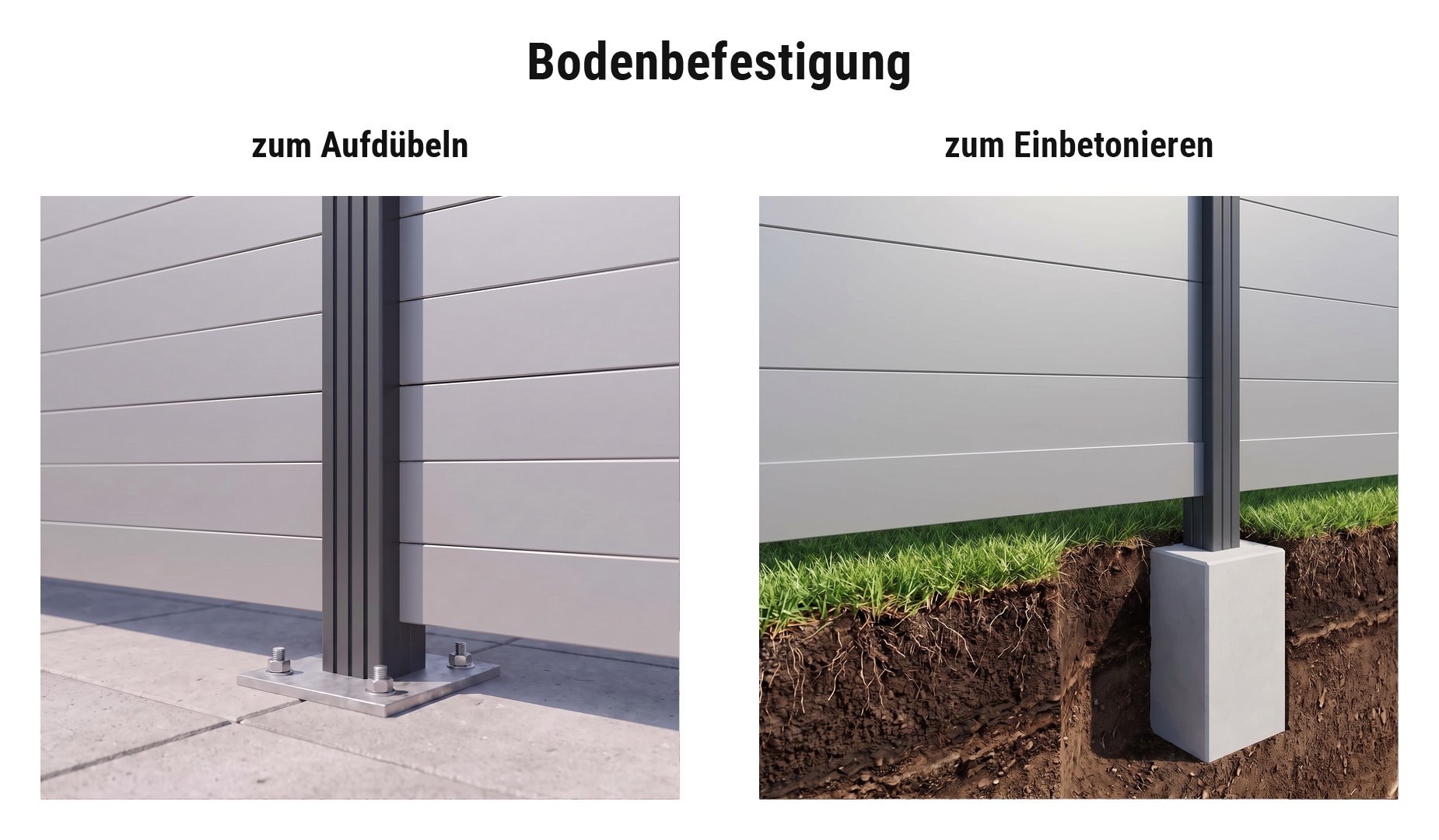Montage Alu Sichtschutz Jelling: Alupfosten mit Pfostenkonsole aufgedübelt oder im Betonfundament