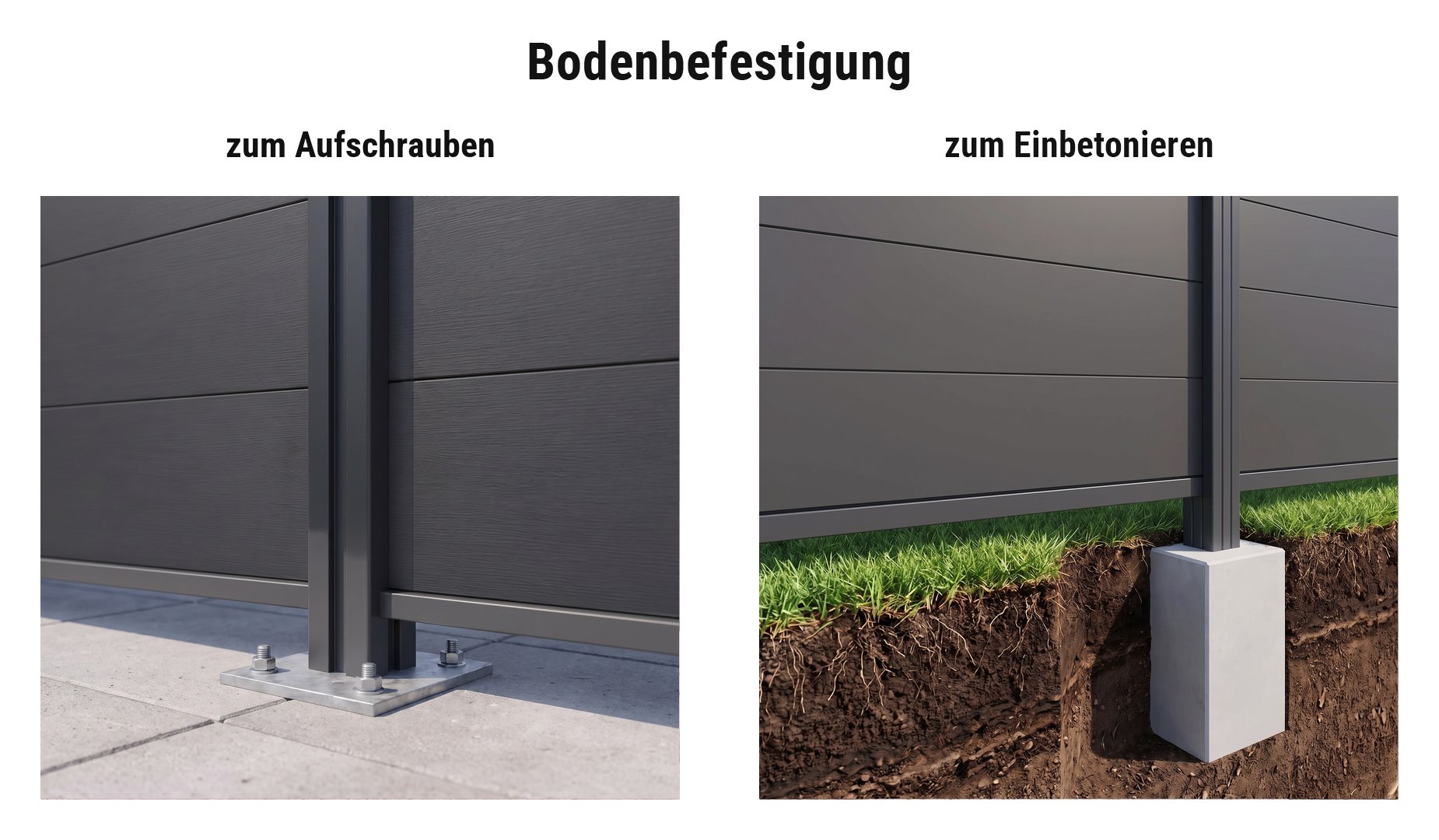 Montage Alu Sichtschutzwand Malmö: Eco Steckzaun Pfosten mit Pfostenträger oder im Betonfundament
