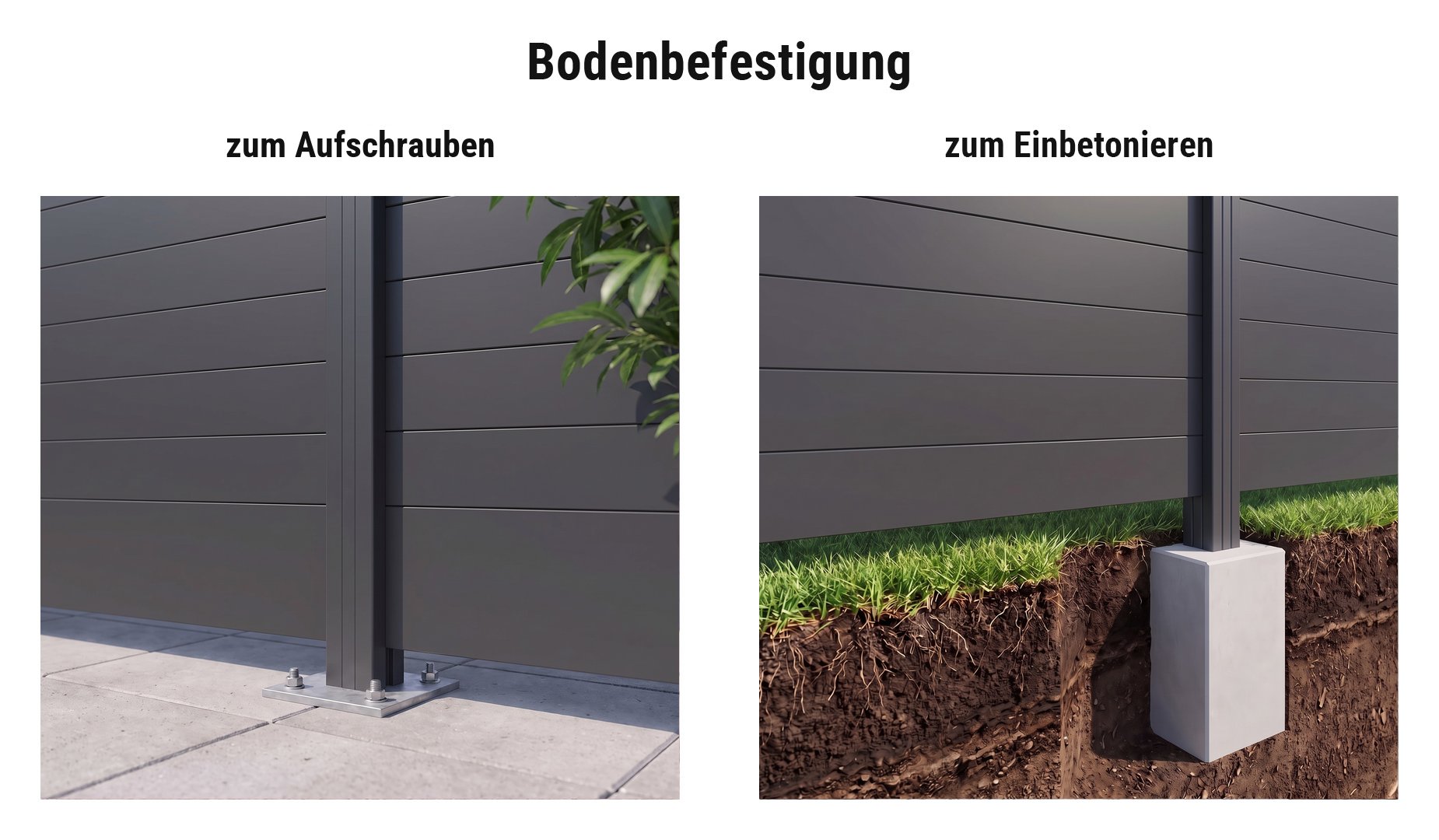 Montage Alu Sichtschutzzaun Kellinghusen: Universalpfosten mit Pfostenträger aufgeschraubt oder im Betonfundament