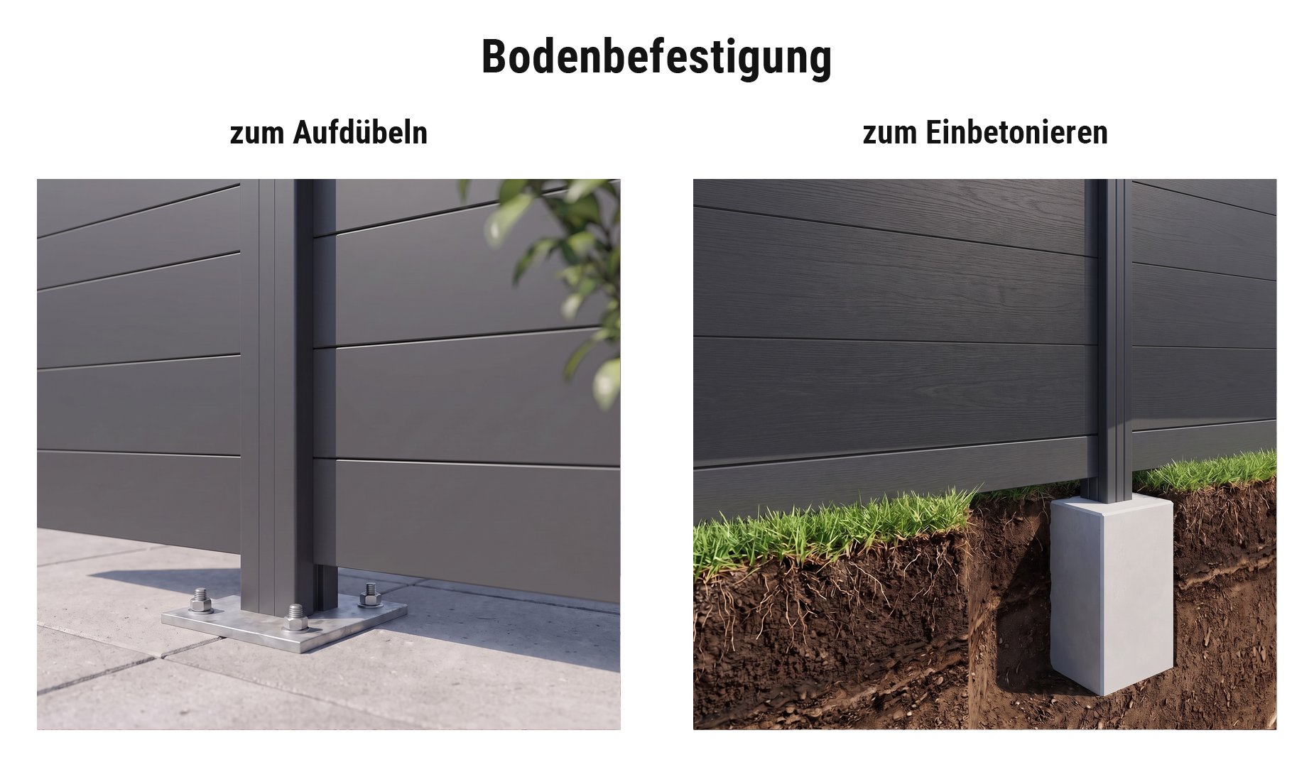 Montage Alu Steckzaun Randers: Alupfosten mit Pfostenkonsole aufgedübelt oder im Betonfundament