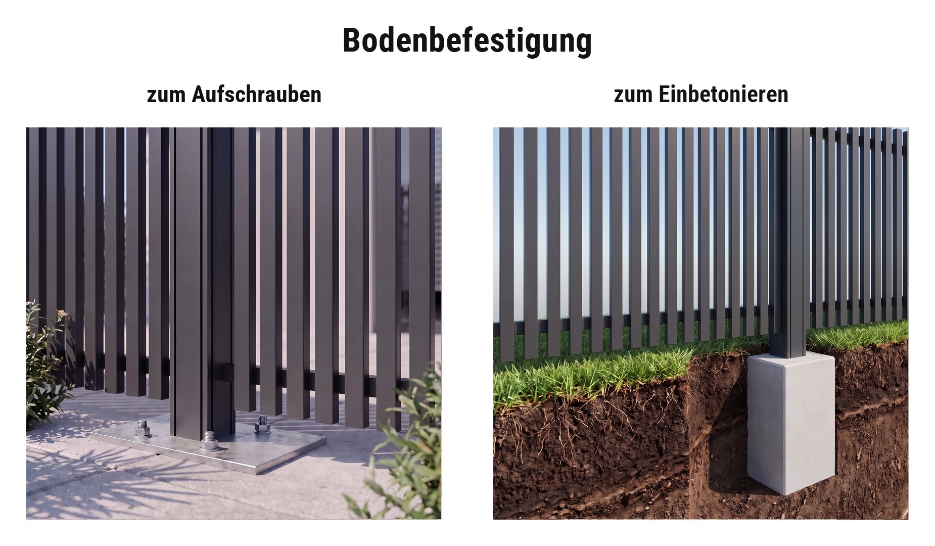 Montage Alu Stelenzaun Cuxhaven: Eco Aluminiumpfosten mit Eco Standfuß oder im Betonfundament