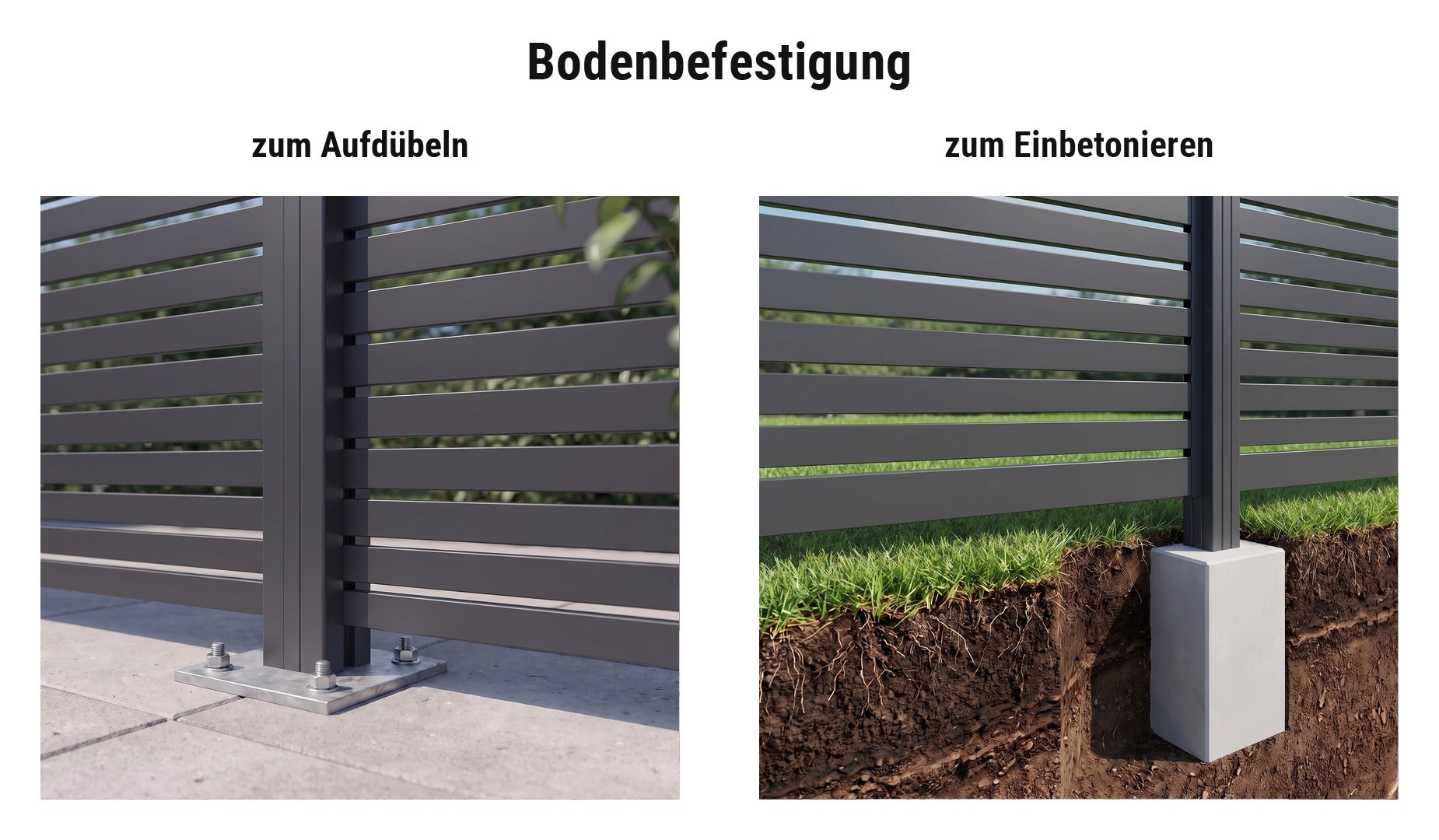 Montage Alu Zaunelemente Rhombus: Alupfosten mit Pfostenkonsole aufgedübelt oder im Betonfundament