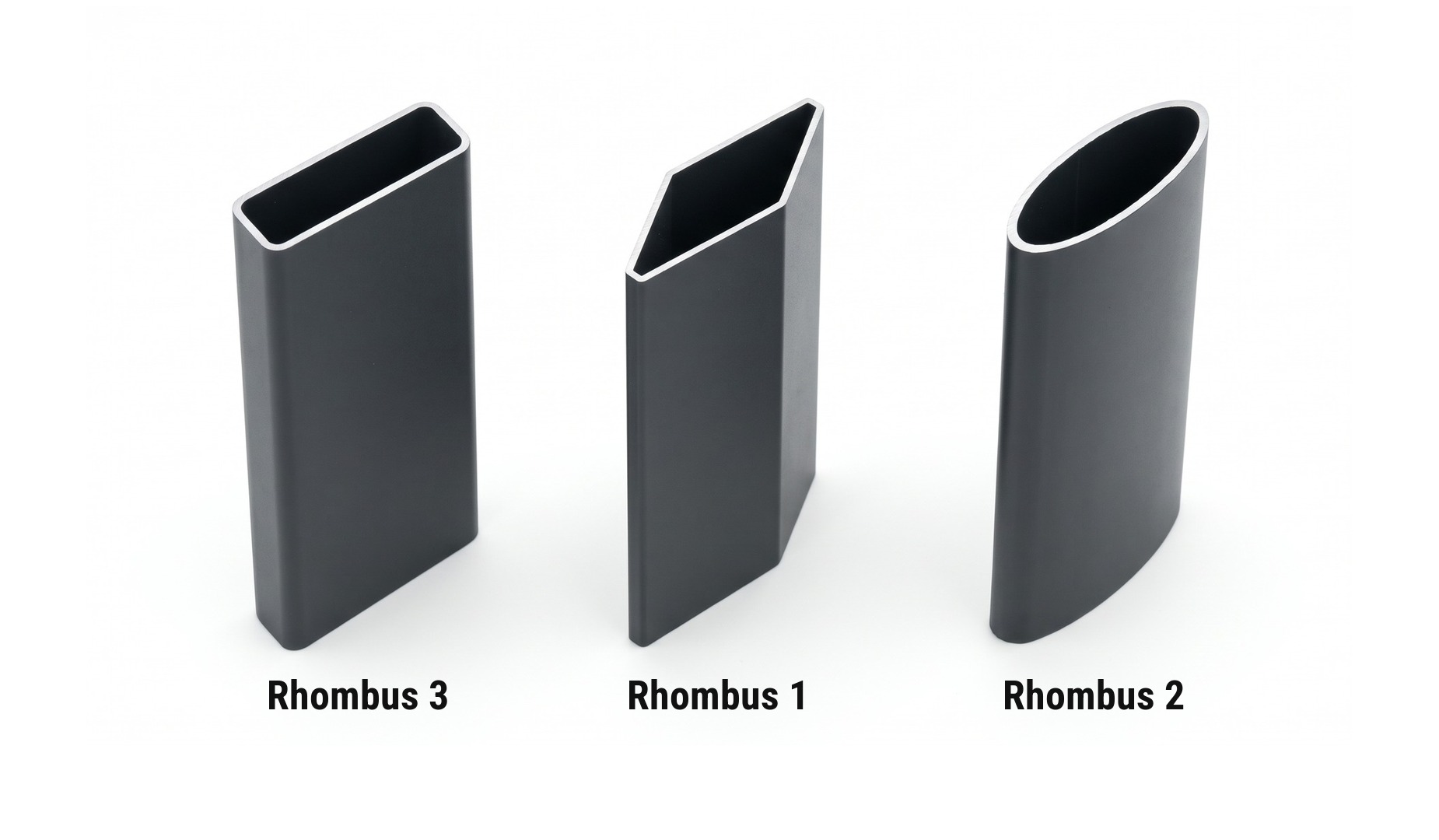 Lamellenprofile Alu Zaunelemente im Anschnitt: Rhombus 3 rechteckig, Rhombus 1 Rhombusprofil, Rhombus 2 Ellipse
