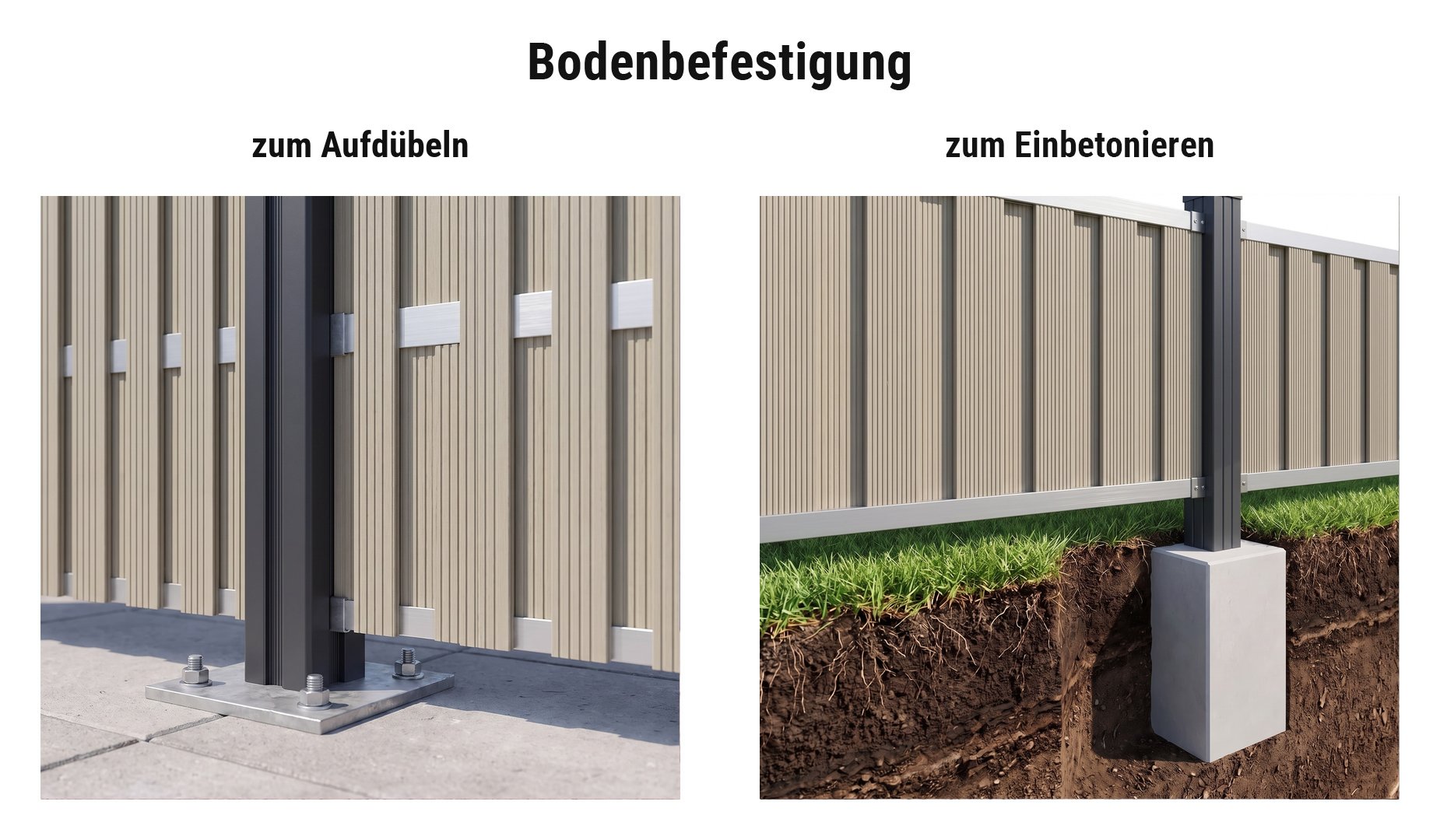 Montage BPC Lamellenzaun: BPC Zaunpfosten mit Pfostenkonsole aufgedübelt oder im Betonfundament