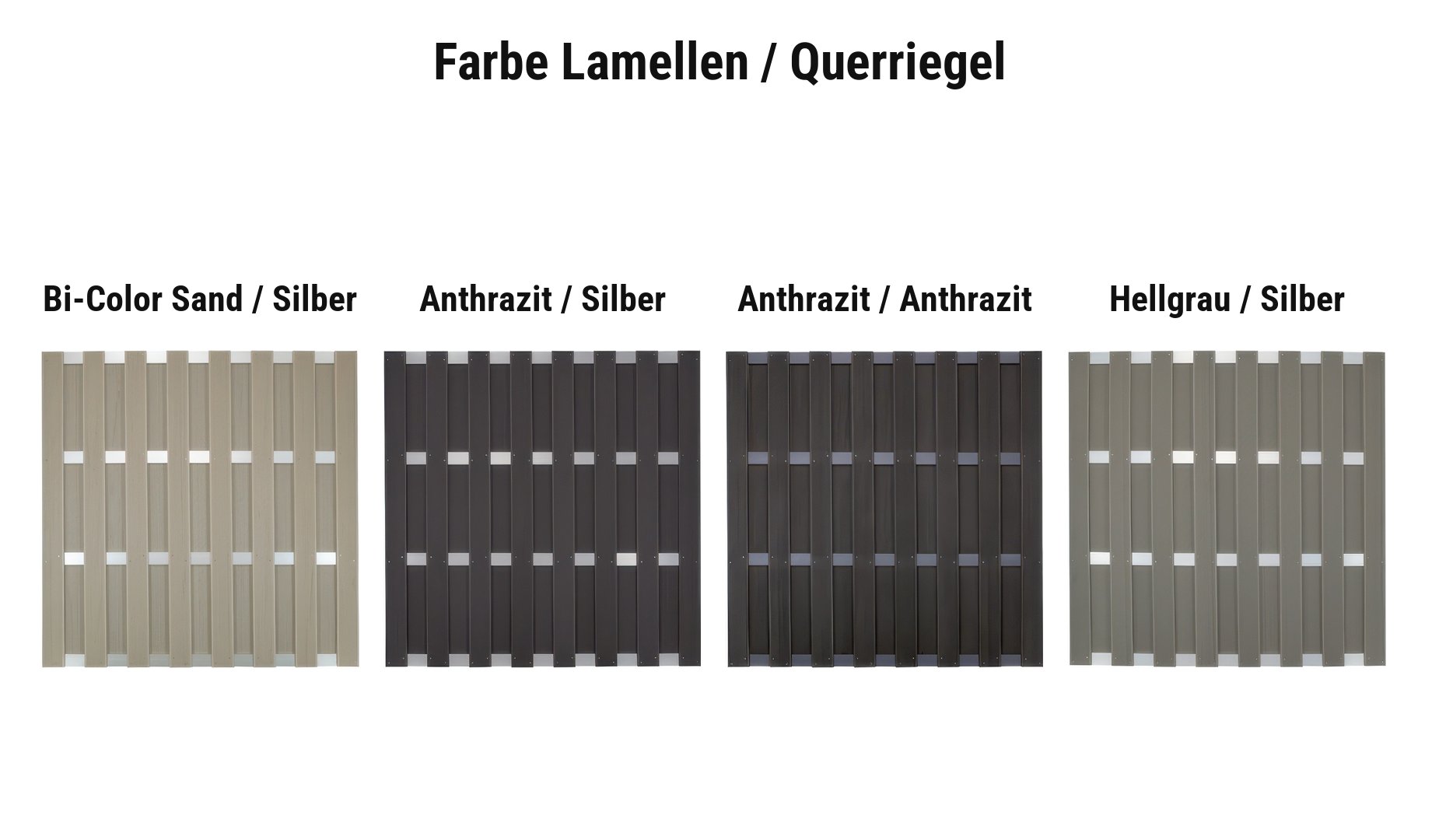 Ausführungen BPC Lamellenzaun: Bi-Color Sand, Anthrazit oder Hellgrau mit Querriegeln in Silber oder Anthrazit