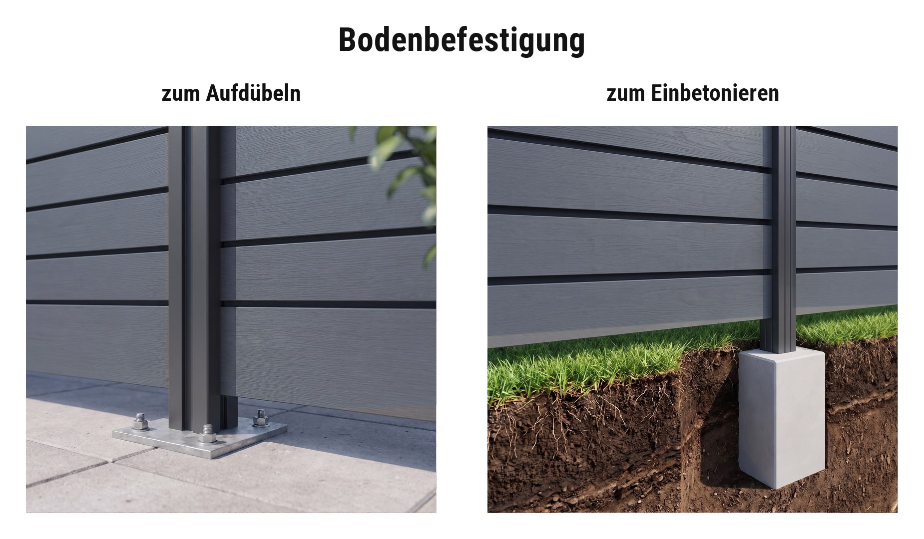 Montage BPC Rhombus Zaun Silkeborg: Alupfosten mit Pfostenkonsole aufgedübelt oder im Betonfundament