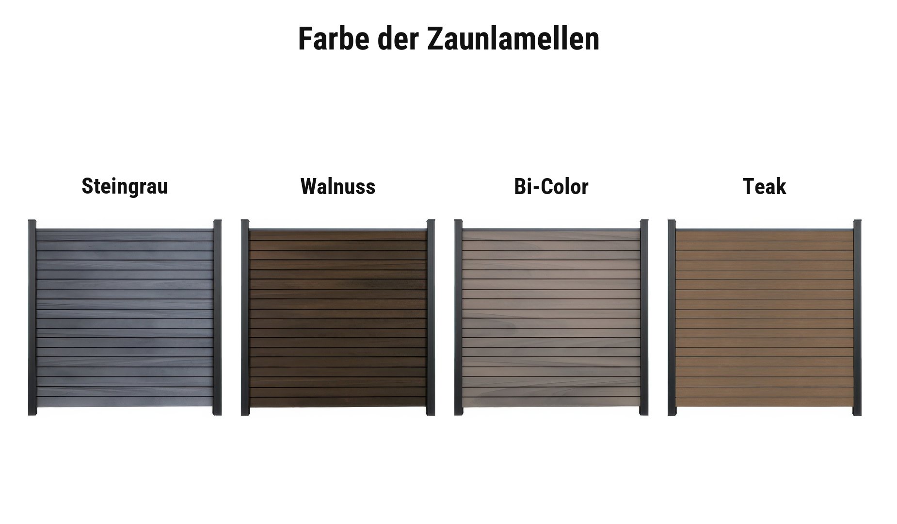 Farbauswahl BPC Rhombus Zaun Silkeborg: Lamellen in Steingrau, Walnuss, Bi-Color und Teak