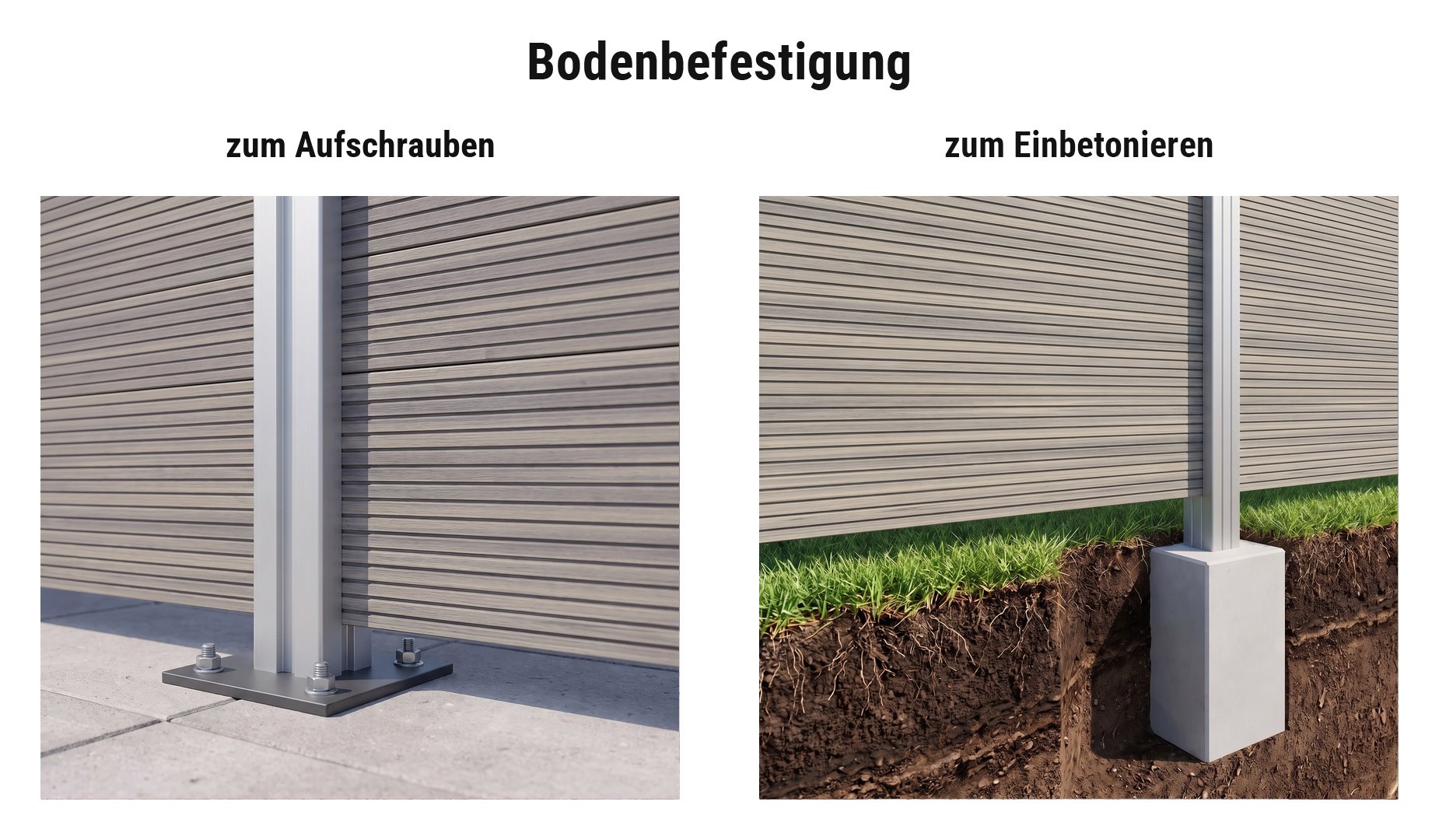 Montage BPC Schallschutzwand Zen: Alupfosten mit Pfostenträger Trent oder im Betonfundament