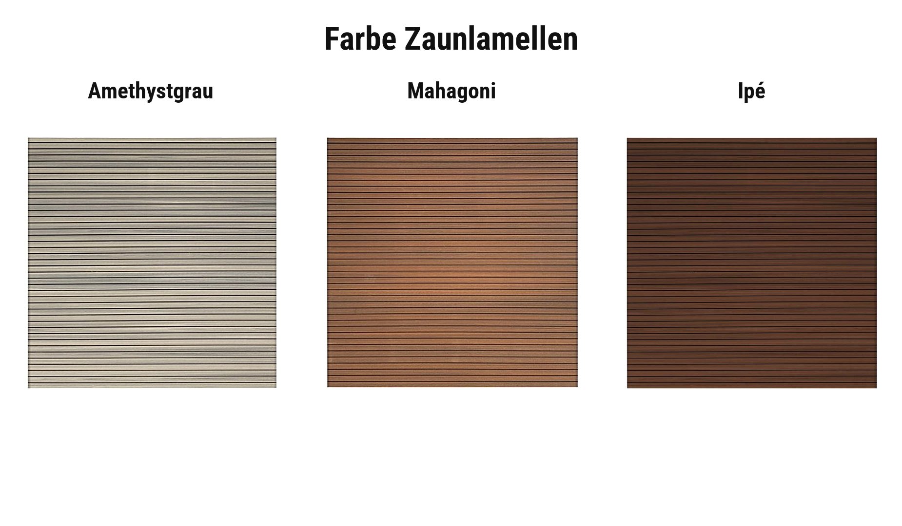 Farbauswahl BPC Schallschutzwand Zen: Lamellen in Amethystgrau, Mahagoni und Ipé
