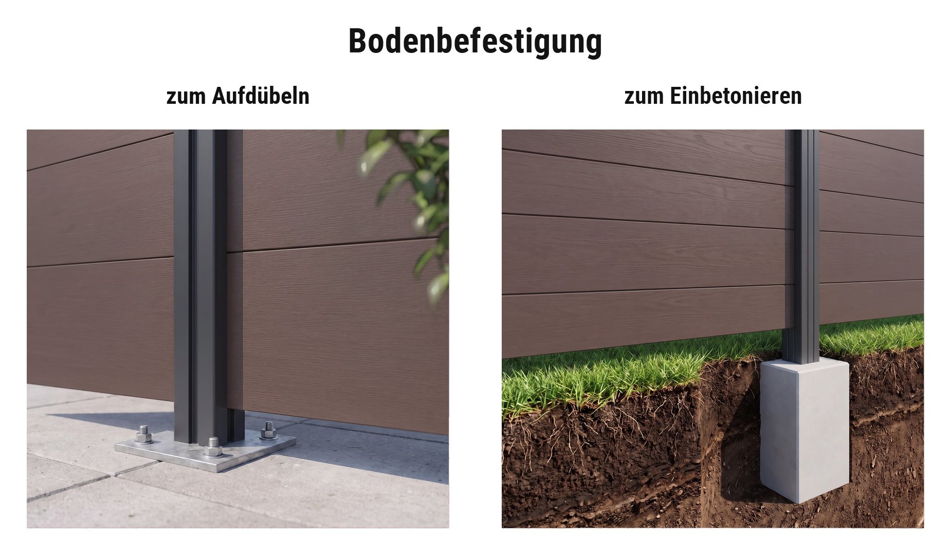 Montage BPC Sichtschutz Odense: Alupfosten mit Pfostenkonsole aufgedübelt oder im Betonfundament