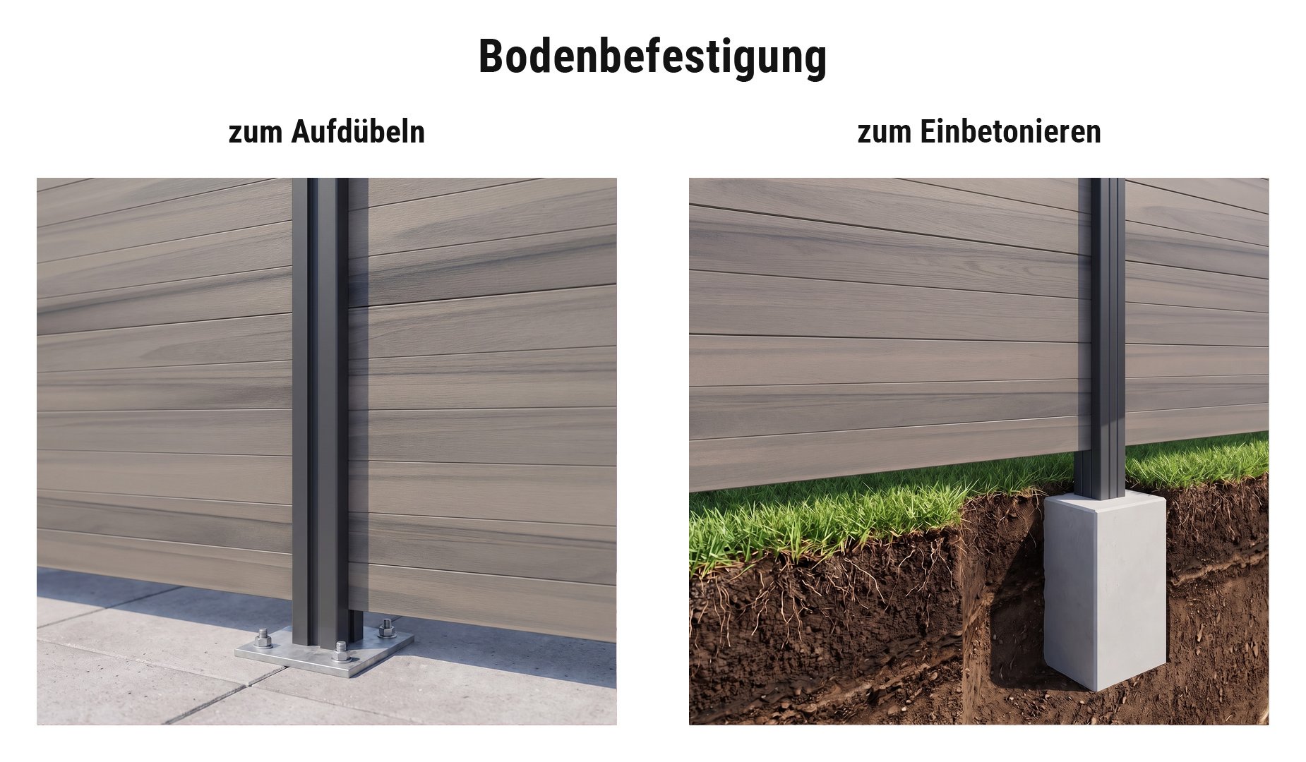 Montage BPC Sichtschutzwand Ribe: Alupfosten mit Pfostenkonsole aufgedübelt oder im Betonfundament