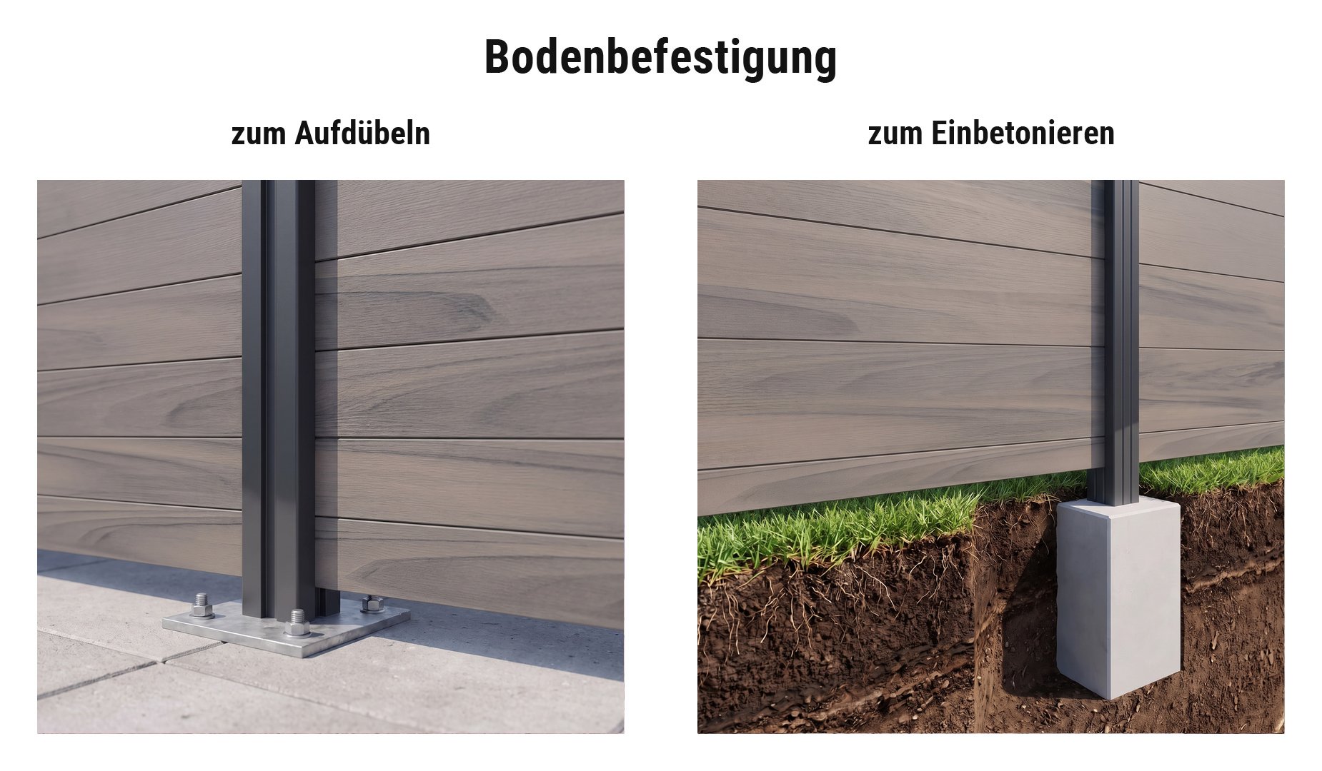 Montage BPC Sichtschutzwand Ribe Maxi: Alupfosten mit Pfostenkonsole aufgedübelt oder im Betonfundament