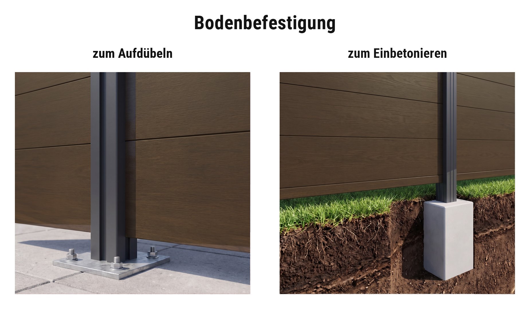 Montage BPC Sichtschutzzaun Viborg: Alupfosten mit Pfostenkonsole aufgedübelt oder im Betonfundament