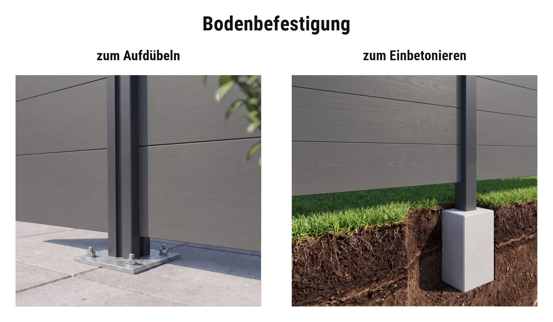 Montage BPC Steckzaun Herning: Alupfosten mit Pfostenkonsole aufgedübelt oder im Betonfundament