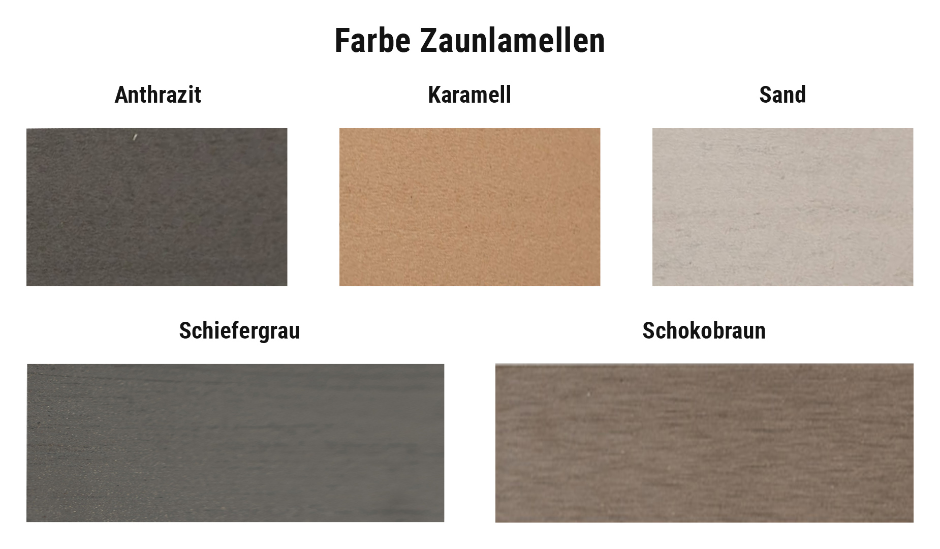 Farbauswahl für BPC Steckzaun Komplettset Zaunlamellen: Anthrazit, Karamell, Sand, Schiefergrau, Schokobraun.