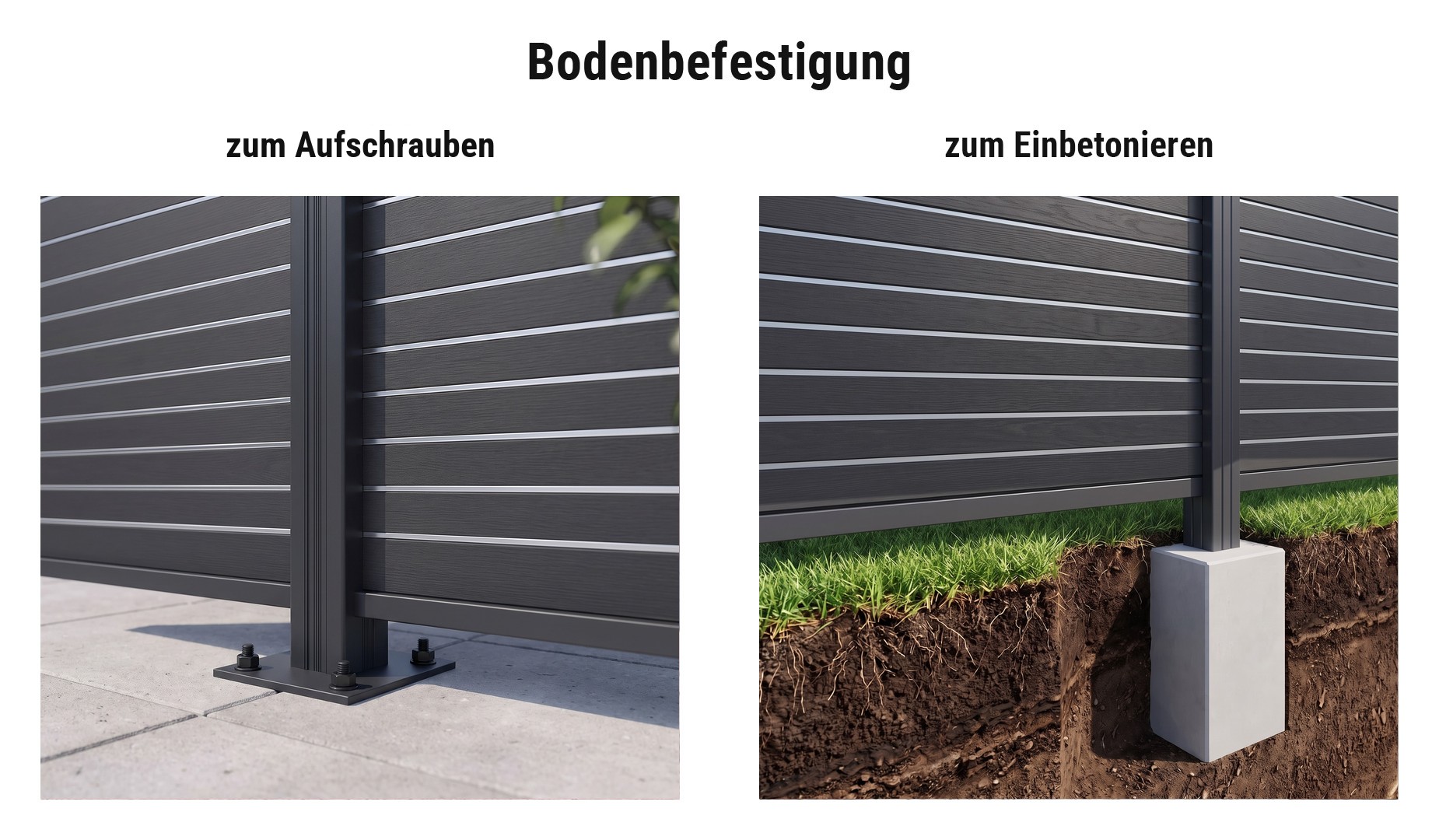 Montage BPC Steckzaun Hadersleben: Pfosten einbetonieren oder mit Pfostenträger Trent aufschrauben