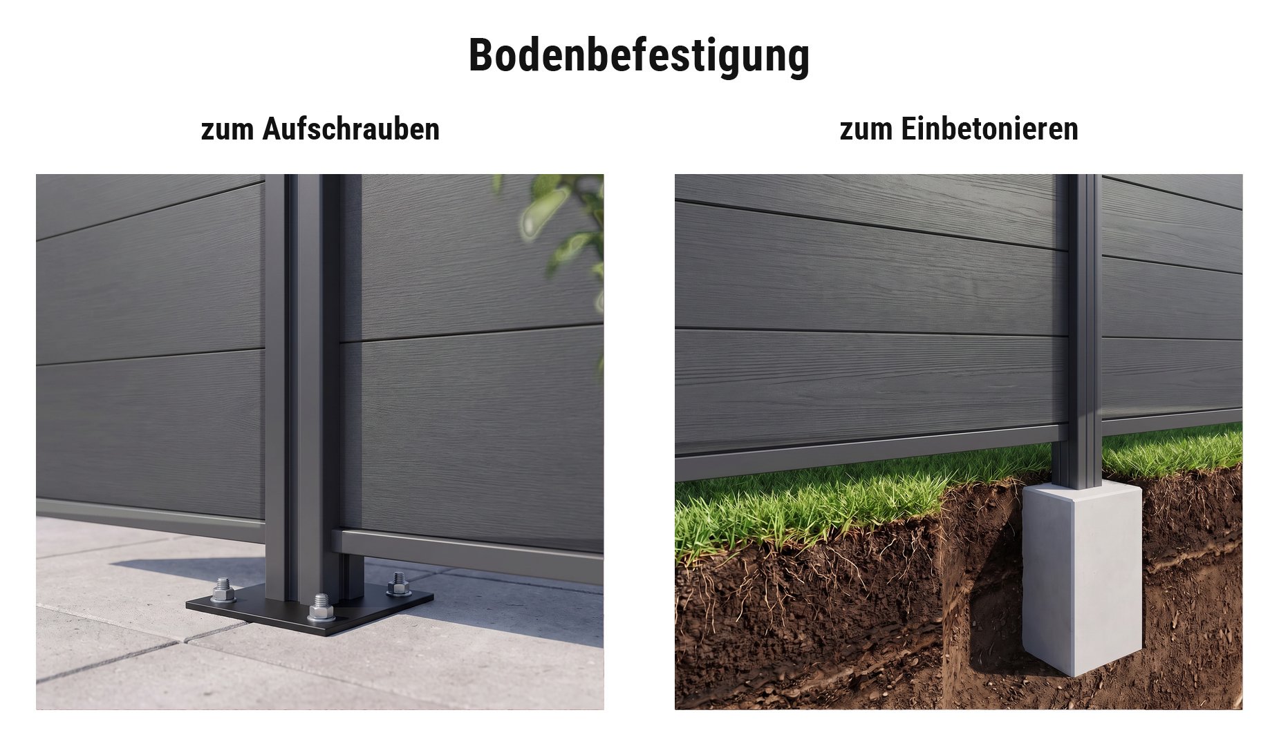 Montage BPC Steckzaun Morsum: Alupfosten Trent mit Pfostenträger aufgeschraubt oder im Betonfundament