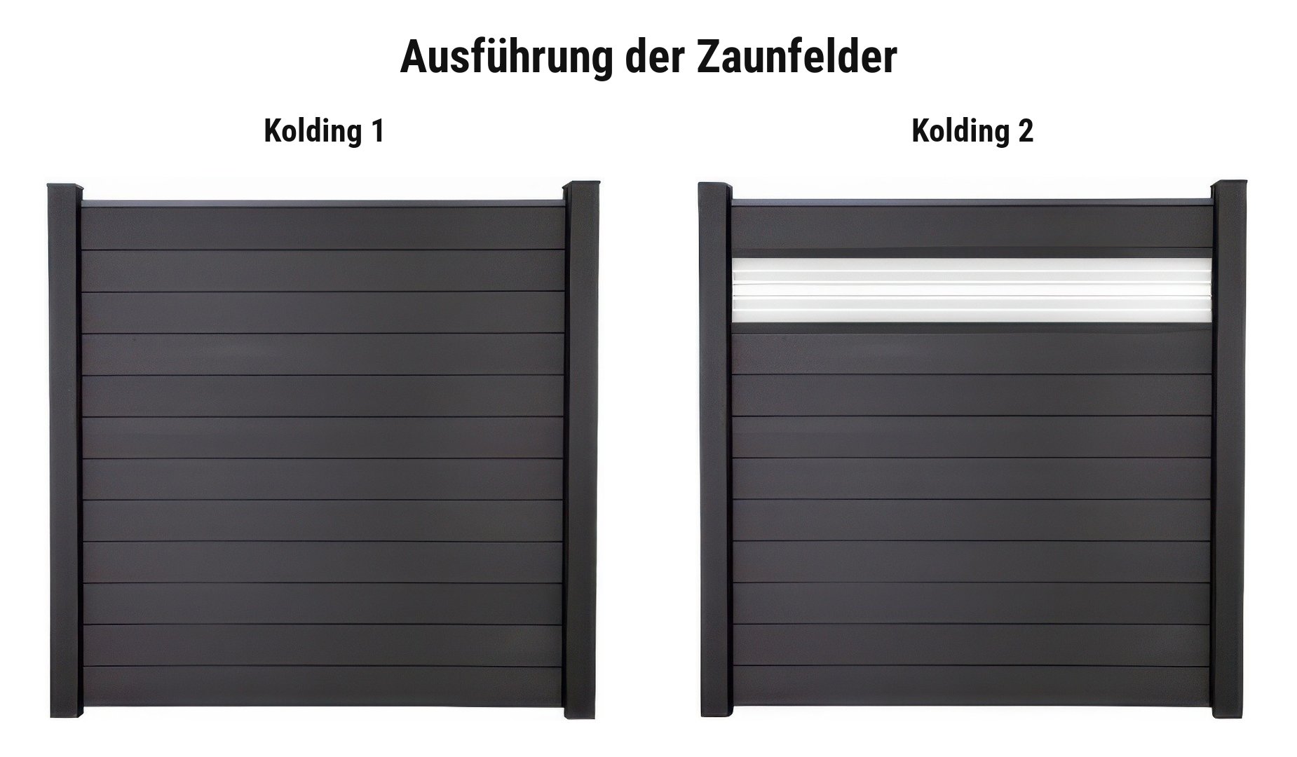 Ausführung BPC Steckzaunsystem Kolding: Kolding 1 mit BPC-Lamellen oder Kolding 2 mit Glaseinsatz