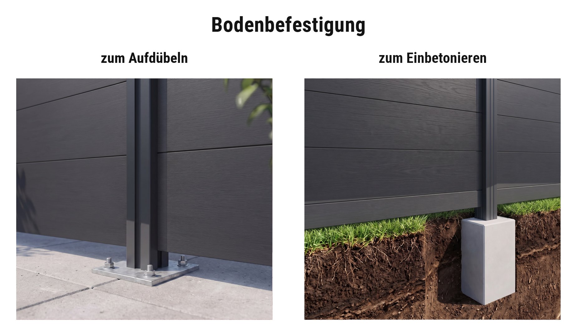 Montage BPC Steckzaunsystem Kolding Maxi: Alupfosten mit Pfostenkonsole aufgedübelt oder im Betonfundament