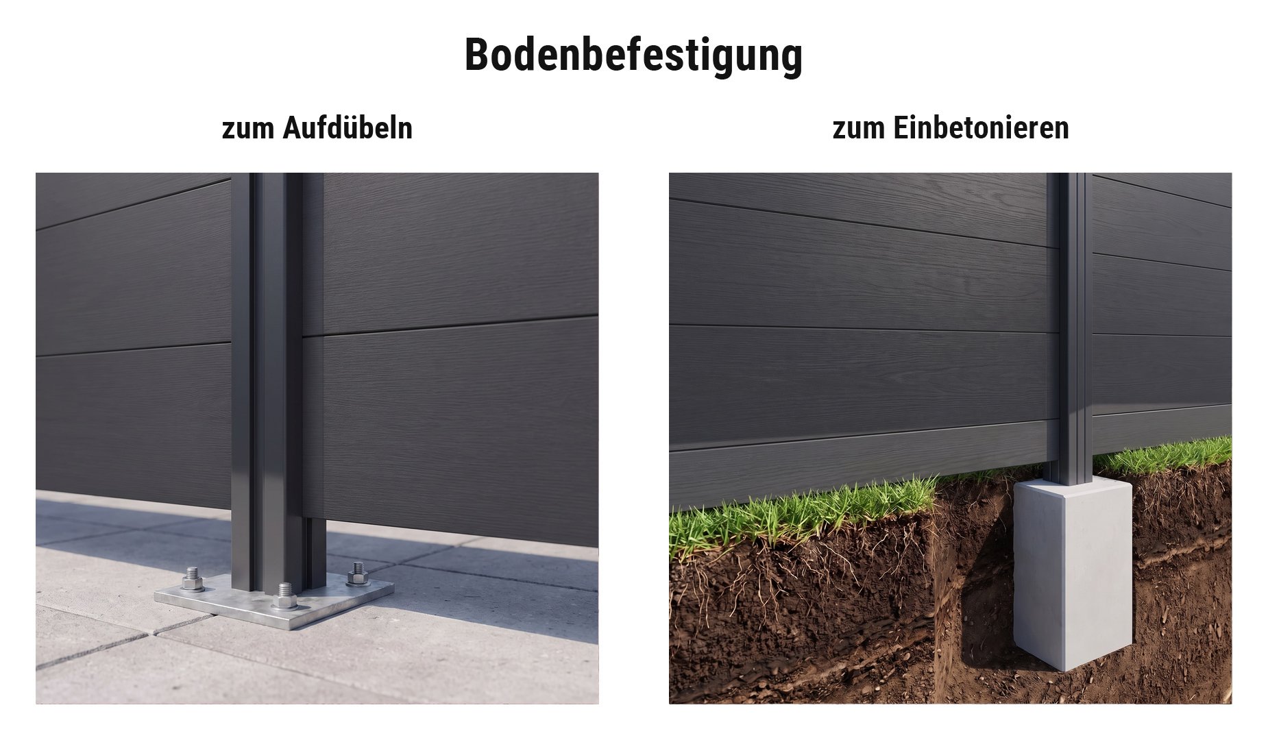 Montage BPC Zaun Maribo: Alupfosten mit Pfostenkonsole aufgedübelt oder im Betonfundament