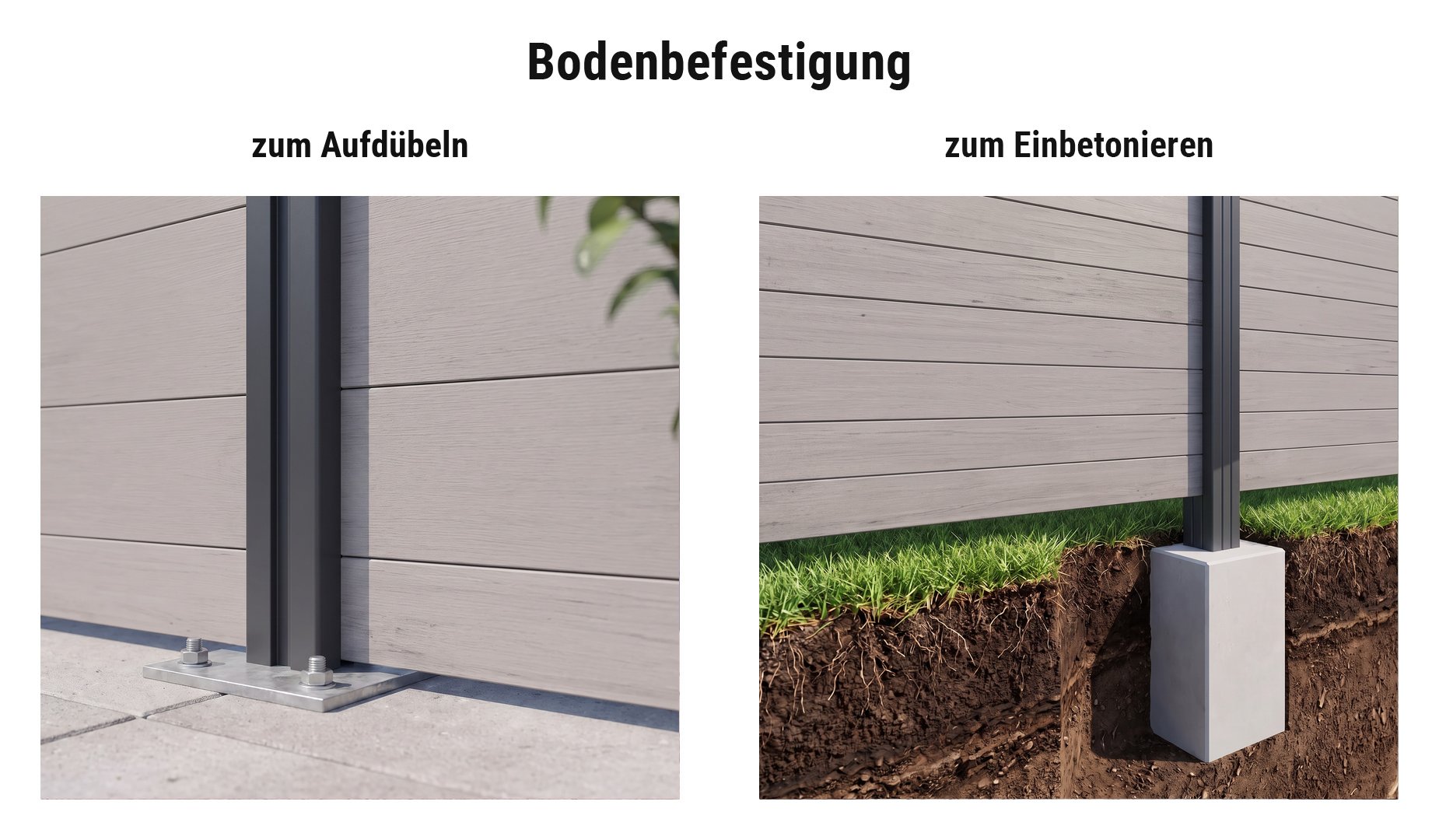 Montage BPC Zaunelemente Esbjerg: Alupfosten mit Pfostenkonsole aufgedübelt oder im Betonfundament