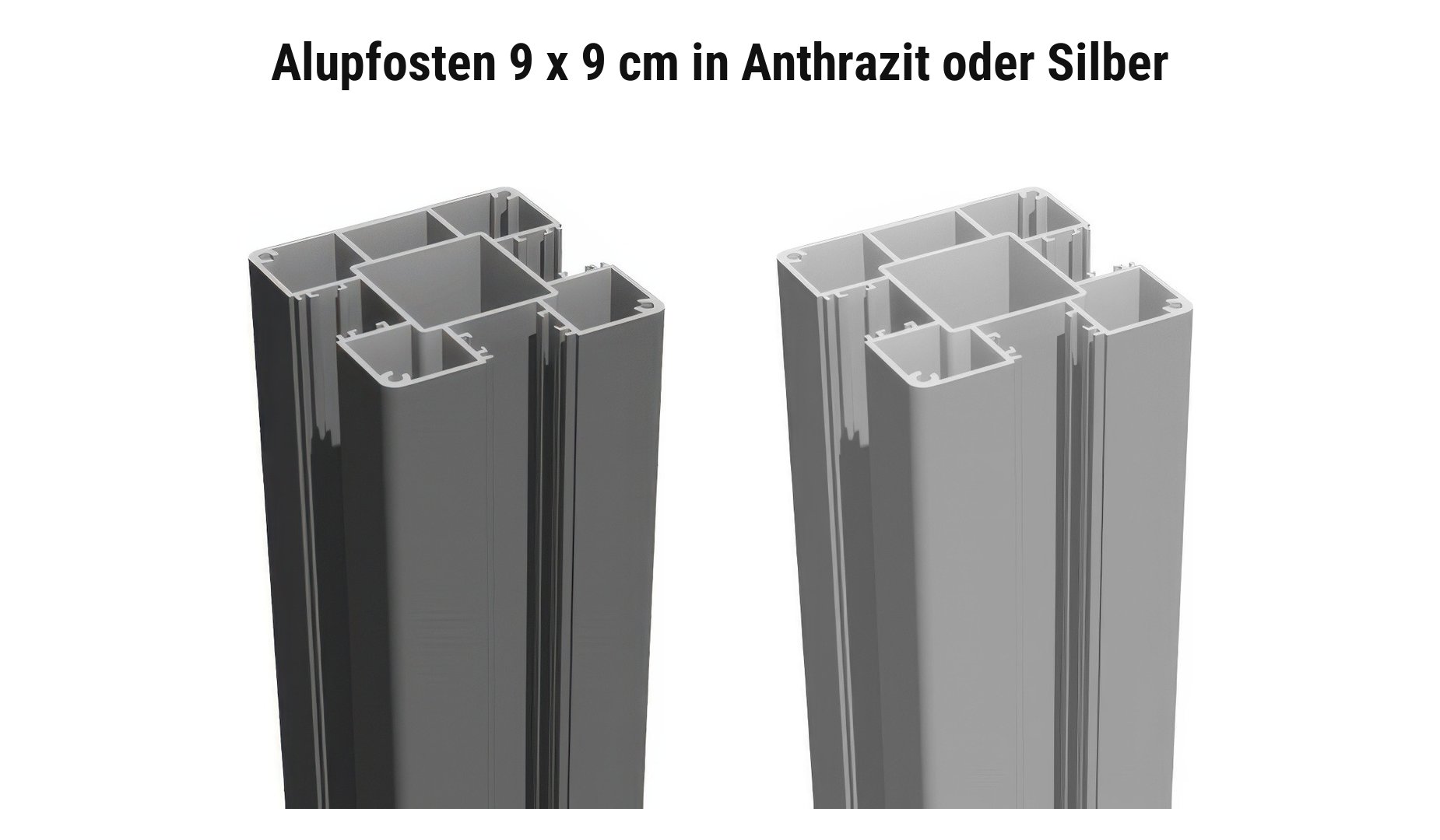 Farbauswahl BPC Zaunelemente Esbjerg: Alupfosten 9 x 9 cm und Pfostenleisten in Anthrazit oder Silber
