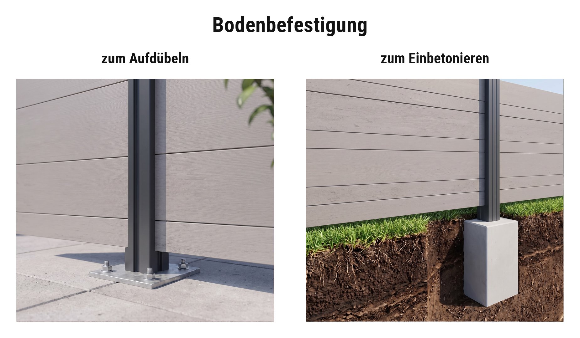 Montage BPC Zaunelemente Esbjerg Maxi: Alupfosten mit Pfostenkonsole aufgedübelt oder im Betonfundament