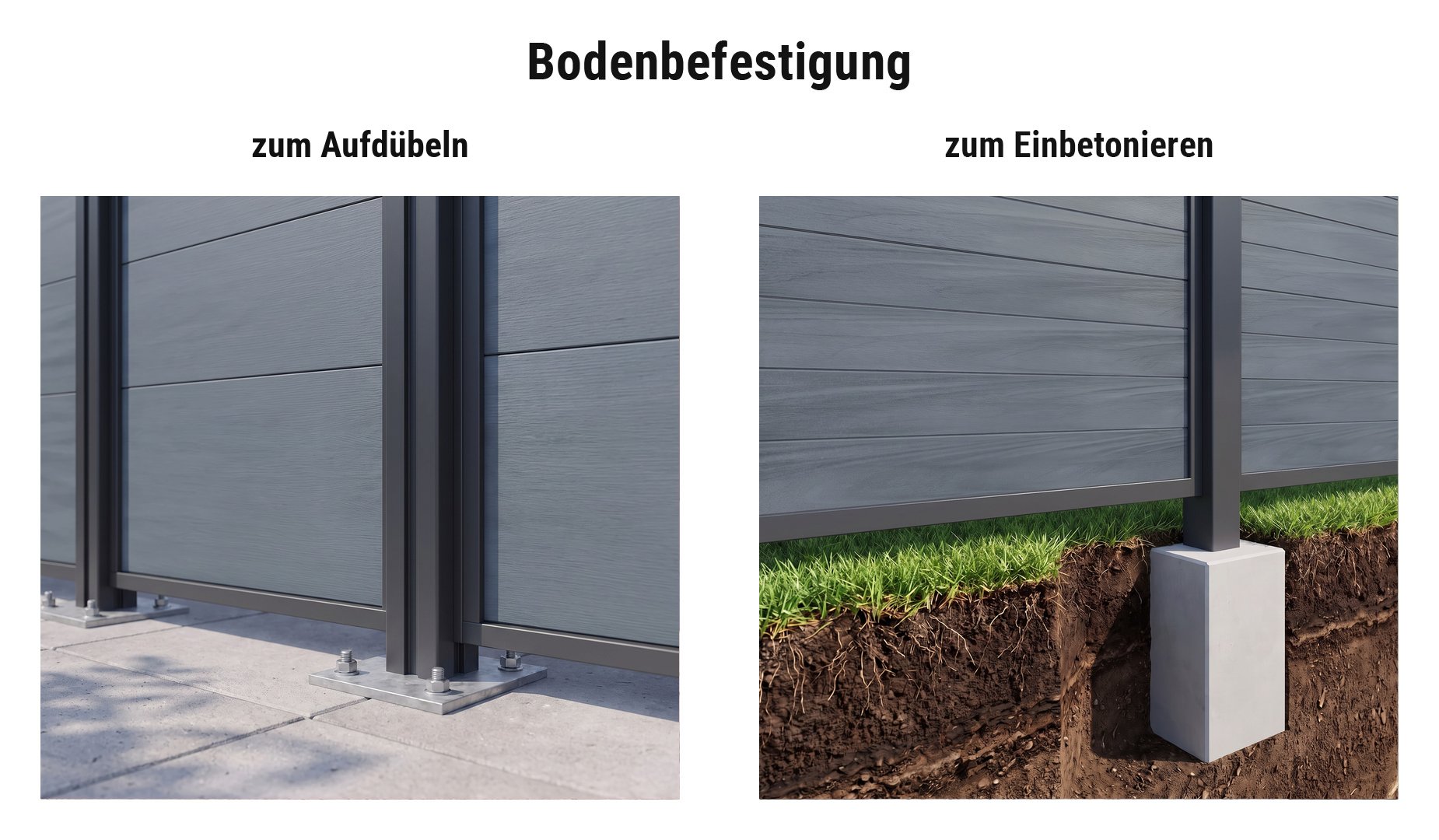 Montage BPC Zaunserie Billund: Alu-Zaunpfosten mit Pfostenkonsole aufgedübelt oder im Betonfundament