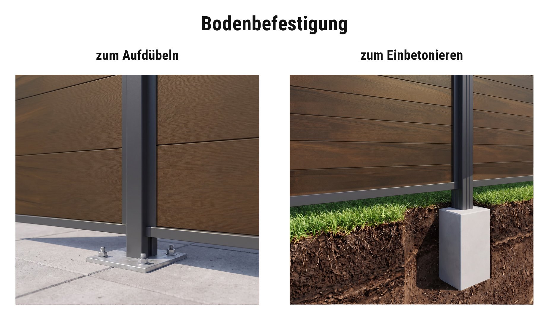 Montage BPC Zaunserie Husby: Alu-Zaunpfosten mit Pfostenkonsole aufgedübelt oder im Betonfundament