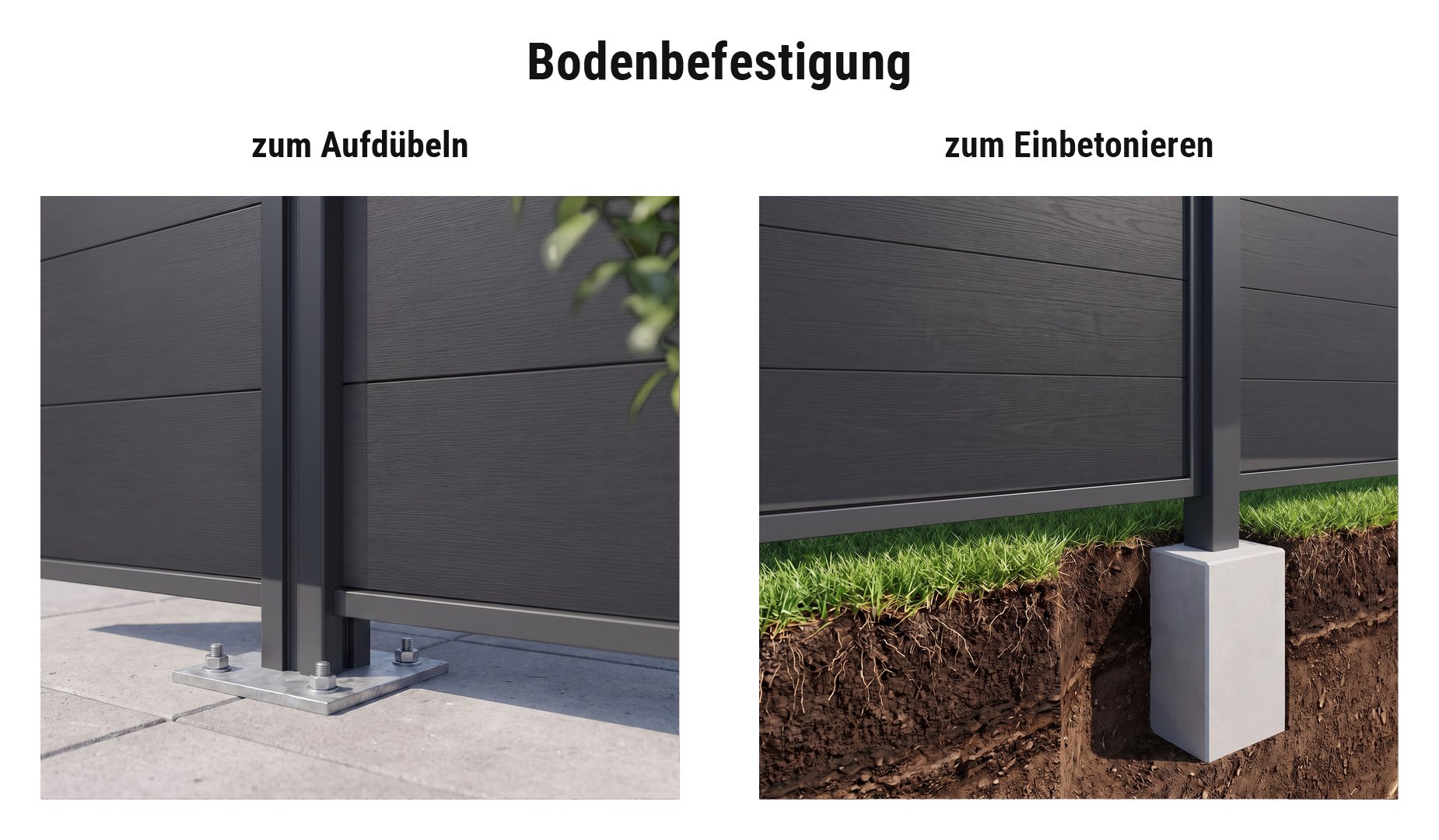 Montage BPC Zaunserie Varde: Alu-Zaunpfosten mit Pfostenkonsole aufgedübelt oder im Betonfundament