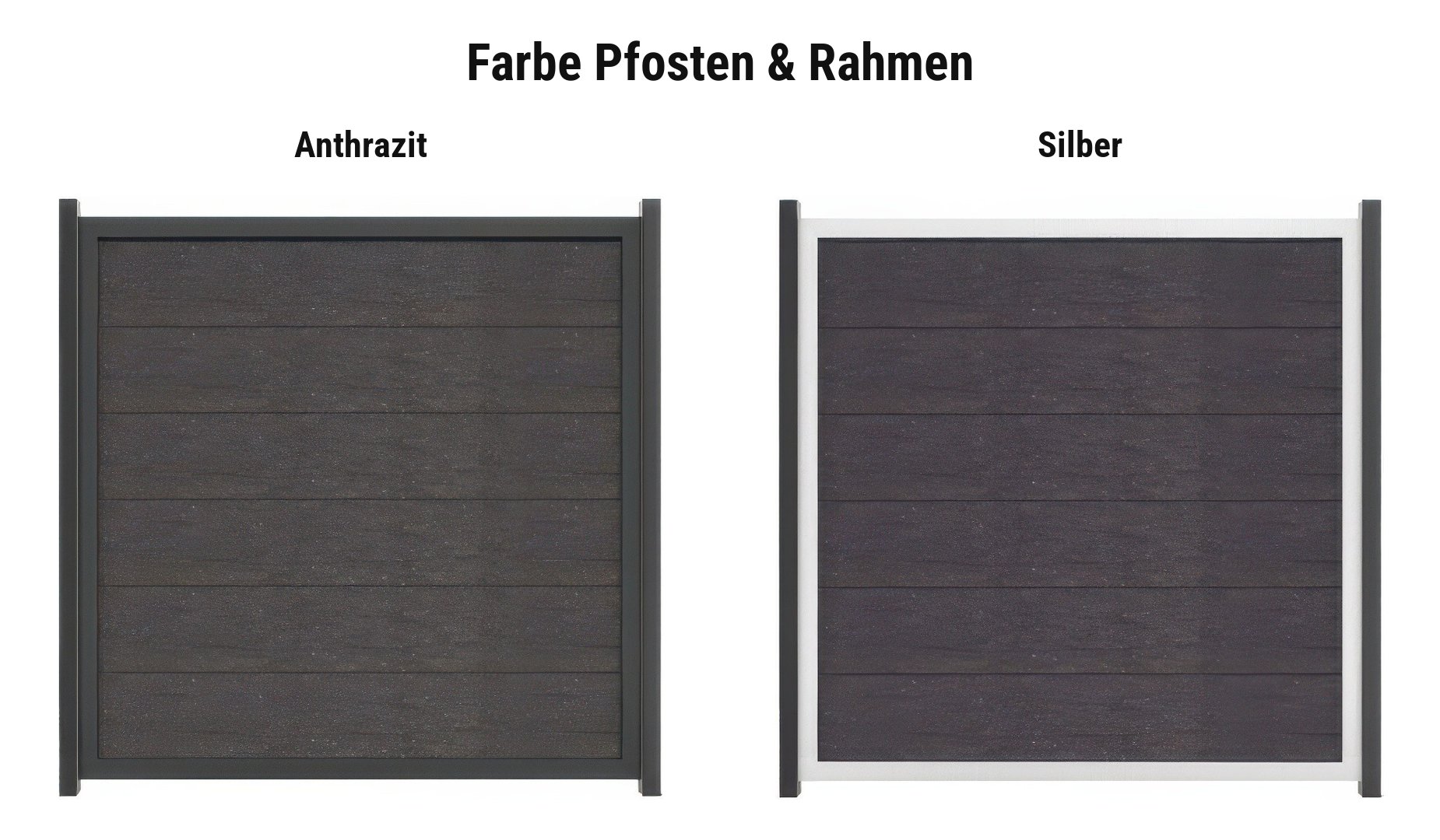 Farbauswahl BPC Zaunserie Varde: Pfosten und Alurahmen in Anthrazit oder Silber