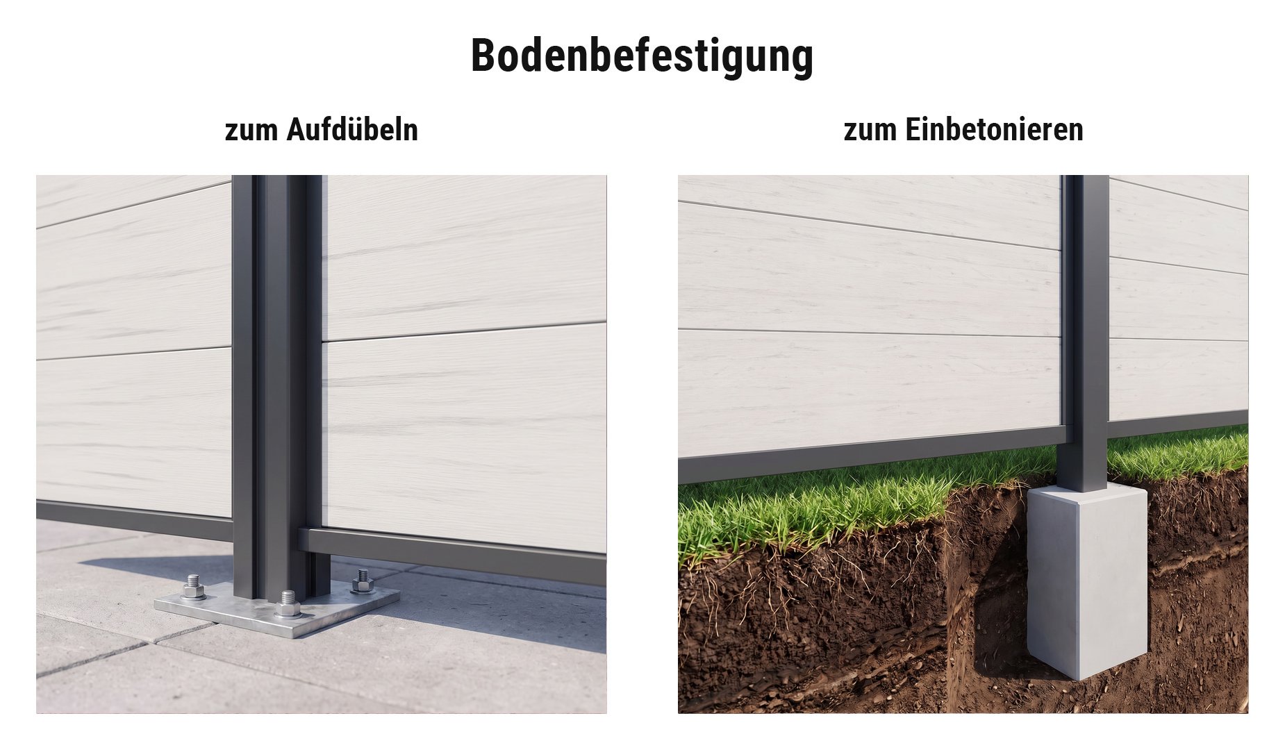 Montage BPC Zaunserie Vejers: Alu-Zaunpfosten mit Pfostenkonsole aufgedübelt oder im Betonfundament