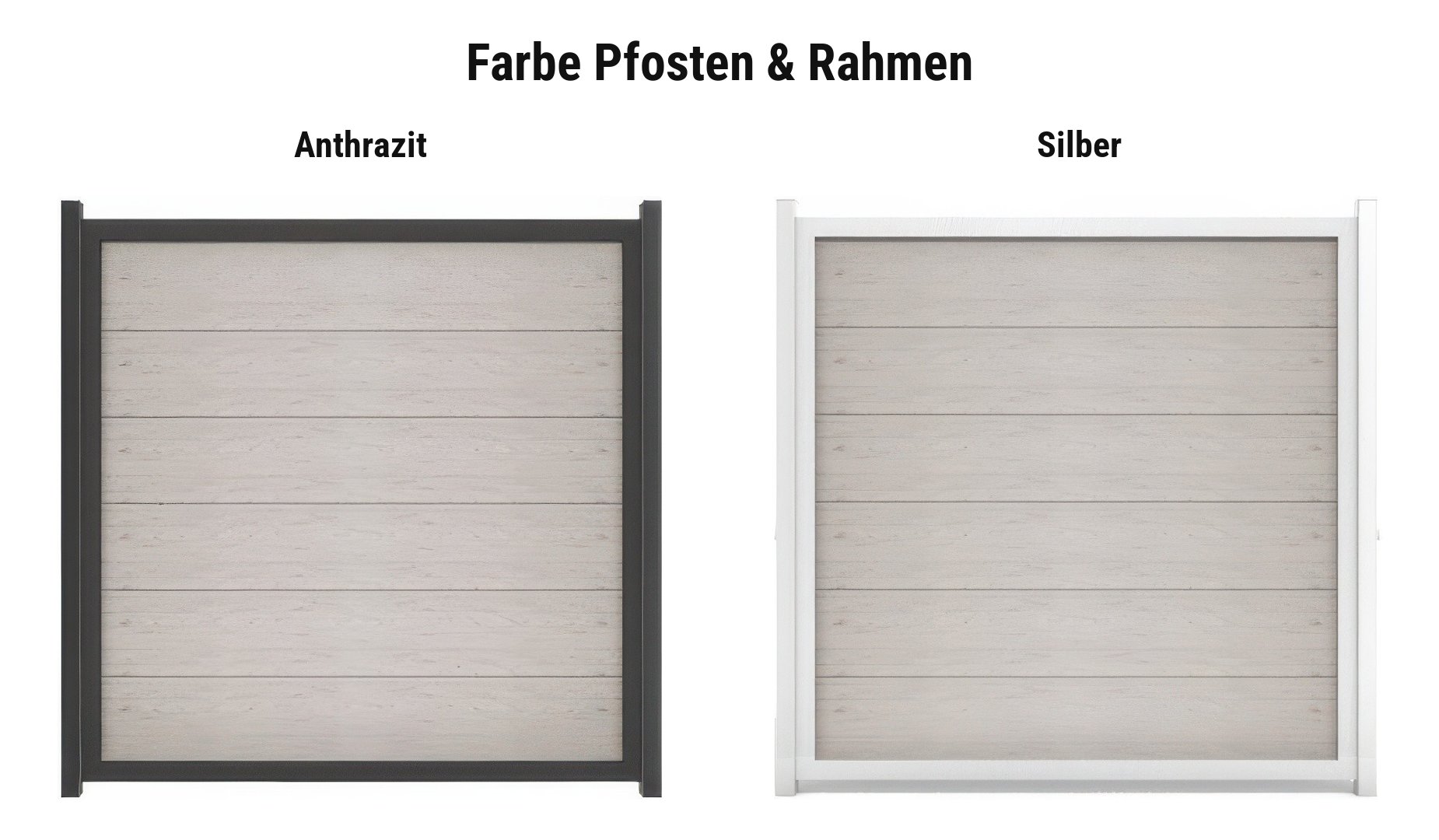 Farbauswahl BPC Zaunserie Vejers: Pfosten und Alurahmen in Anthrazit oder Silber