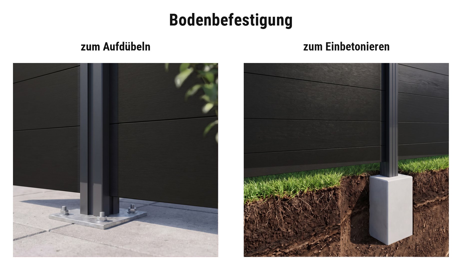 Montage BPC Zaunsystem Sonderburg: Alupfosten mit Pfostenkonsole aufgedübelt oder im Betonfundament