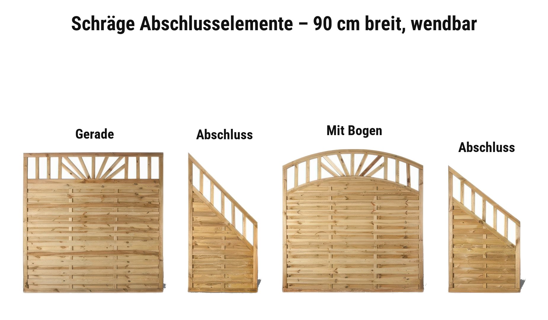 Dichtzaun Mainz: schräge Abschlusselemente 90 cm breit, passend zu geraden und Bogen-Elementen