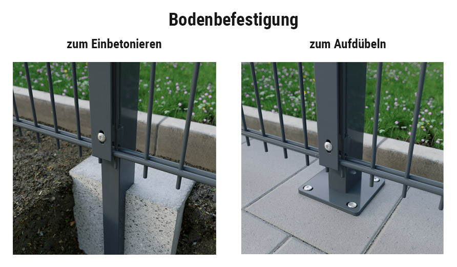Drahtzaun Komplettset Bodenbefestigung: links Einbetonieren, rechts Aufdübeln mit Bodenplatte