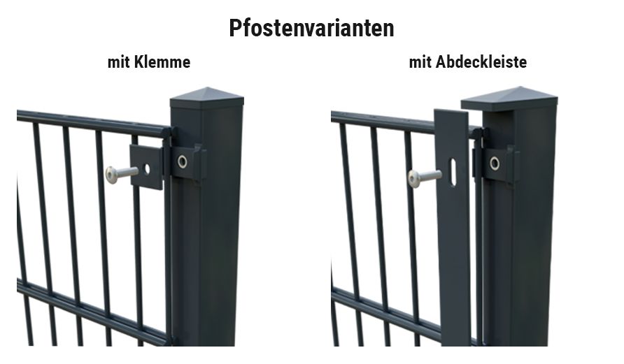 Drahtzaun Komplettset Pfostenvarianten: links mit Klemme, rechts mit Abdeckleiste