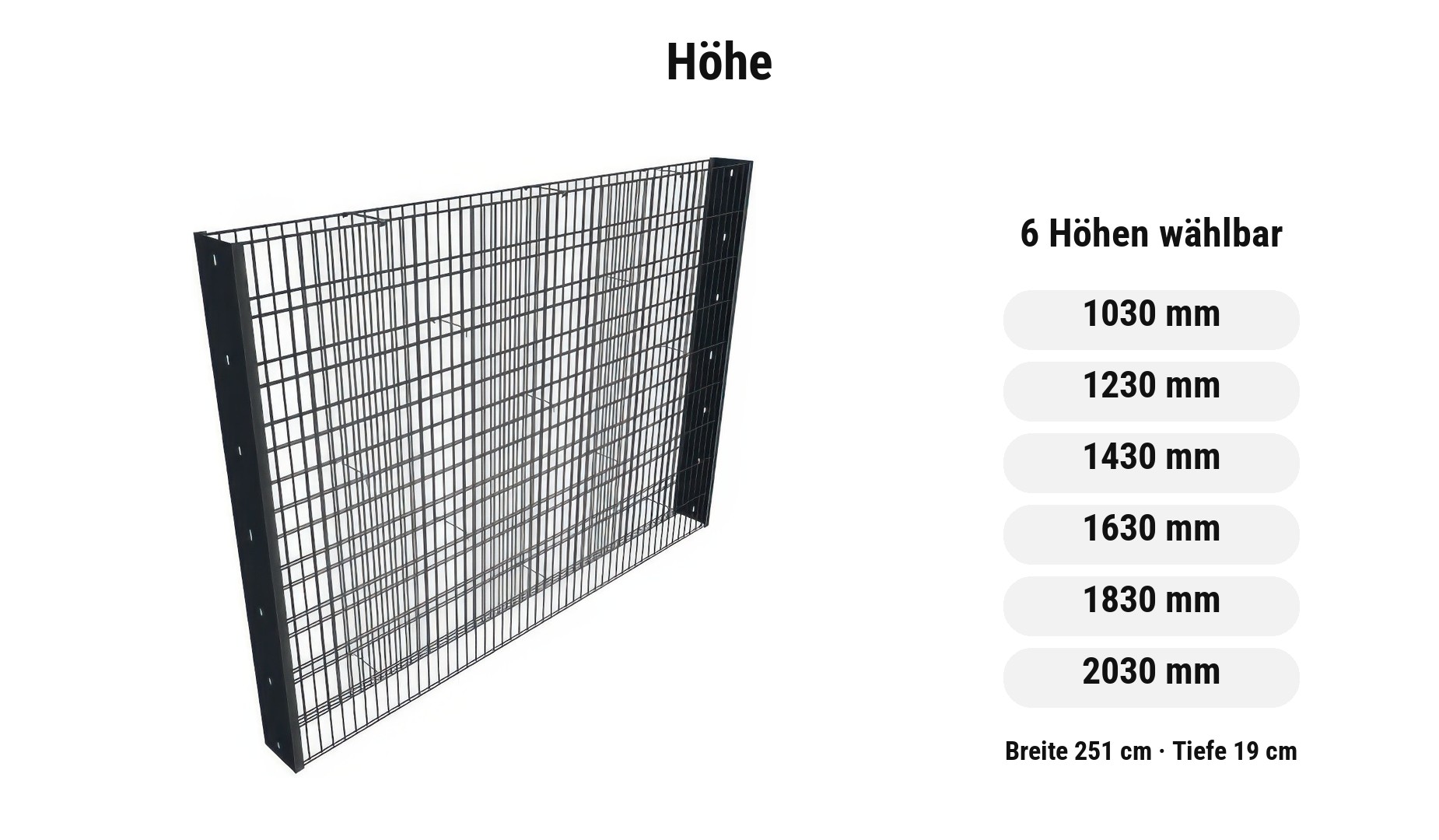 Gabionen Komplettset Eco: sechs Höhen von 1030 mm bis 2030 mm
