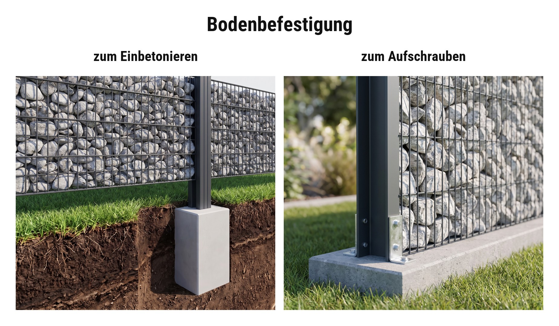 Montage Gabionen Eco: C-Pfosten einbetonieren oder mit L-Haltern auf Betonsockel schrauben