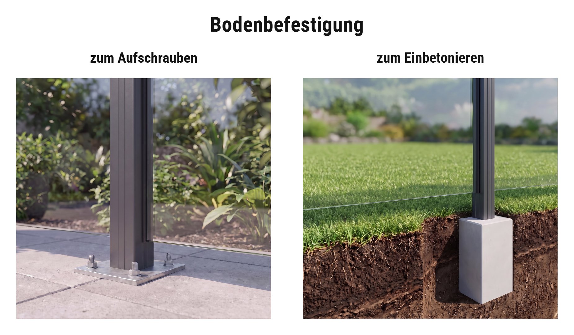 Montage Glas Sichtschutz San Jose: Pfosten einbetoniert oder aufgeschraubt