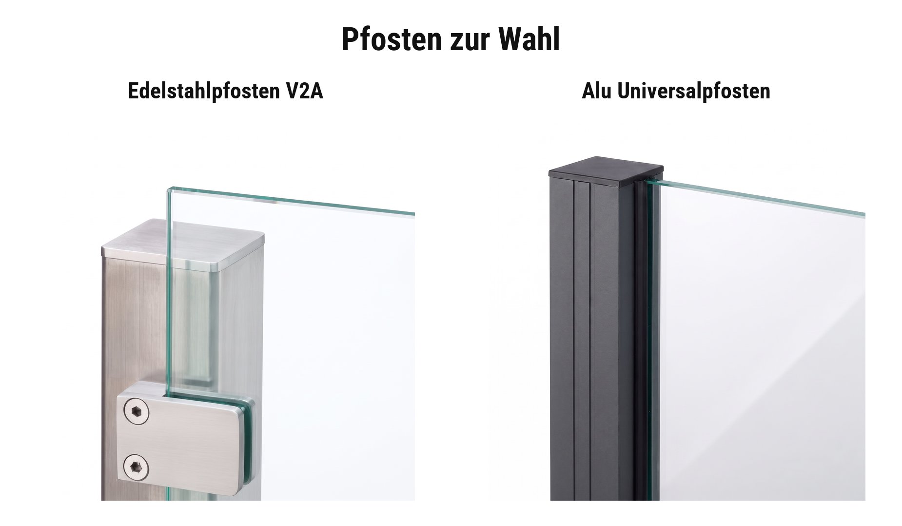 Pfosten Glas Sichtschutz San Jose: Edelstahl V2A oder Alu Universalpfosten in Anthrazit oder Verkehrsweiß