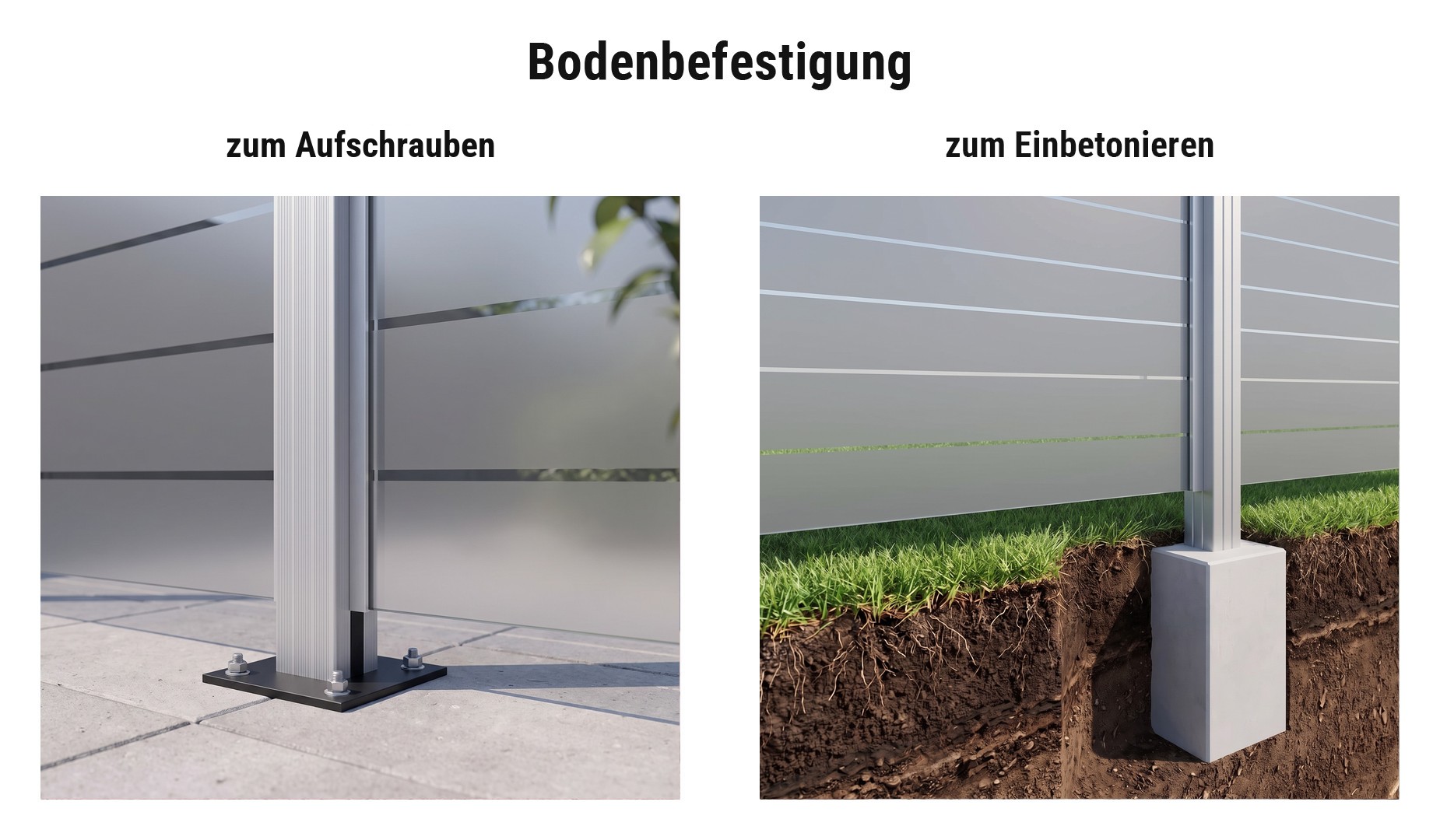 Montage Glaszaun Als: Pfosten mit Pfostenträger aufschrauben oder einbetonieren