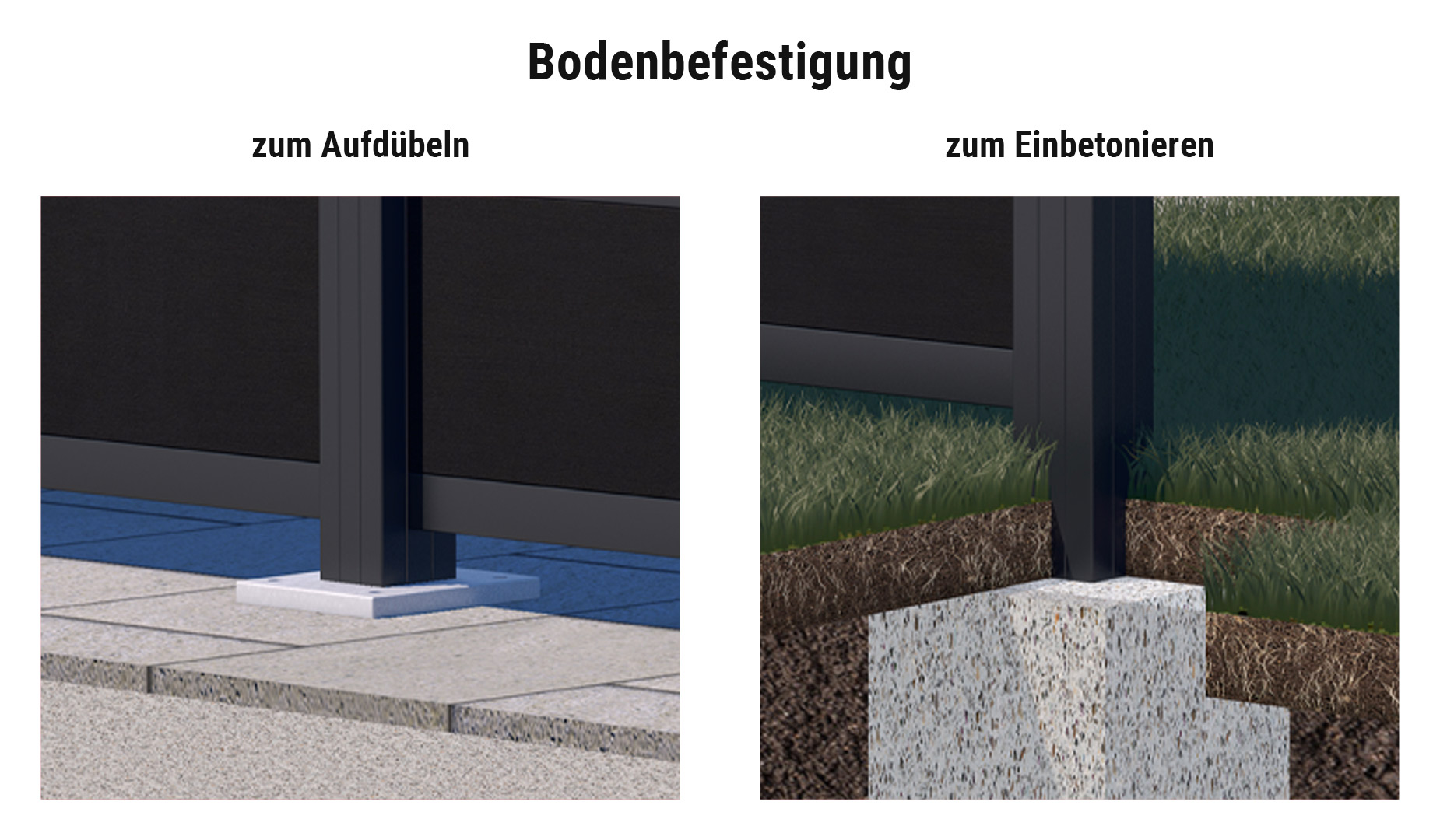 Glaszaunsystem Komplettset Bodenbefestigung: links Pfosten zum Aufdübeln mit Pfostenträger, rechts Pfosten zum Einbetonieren