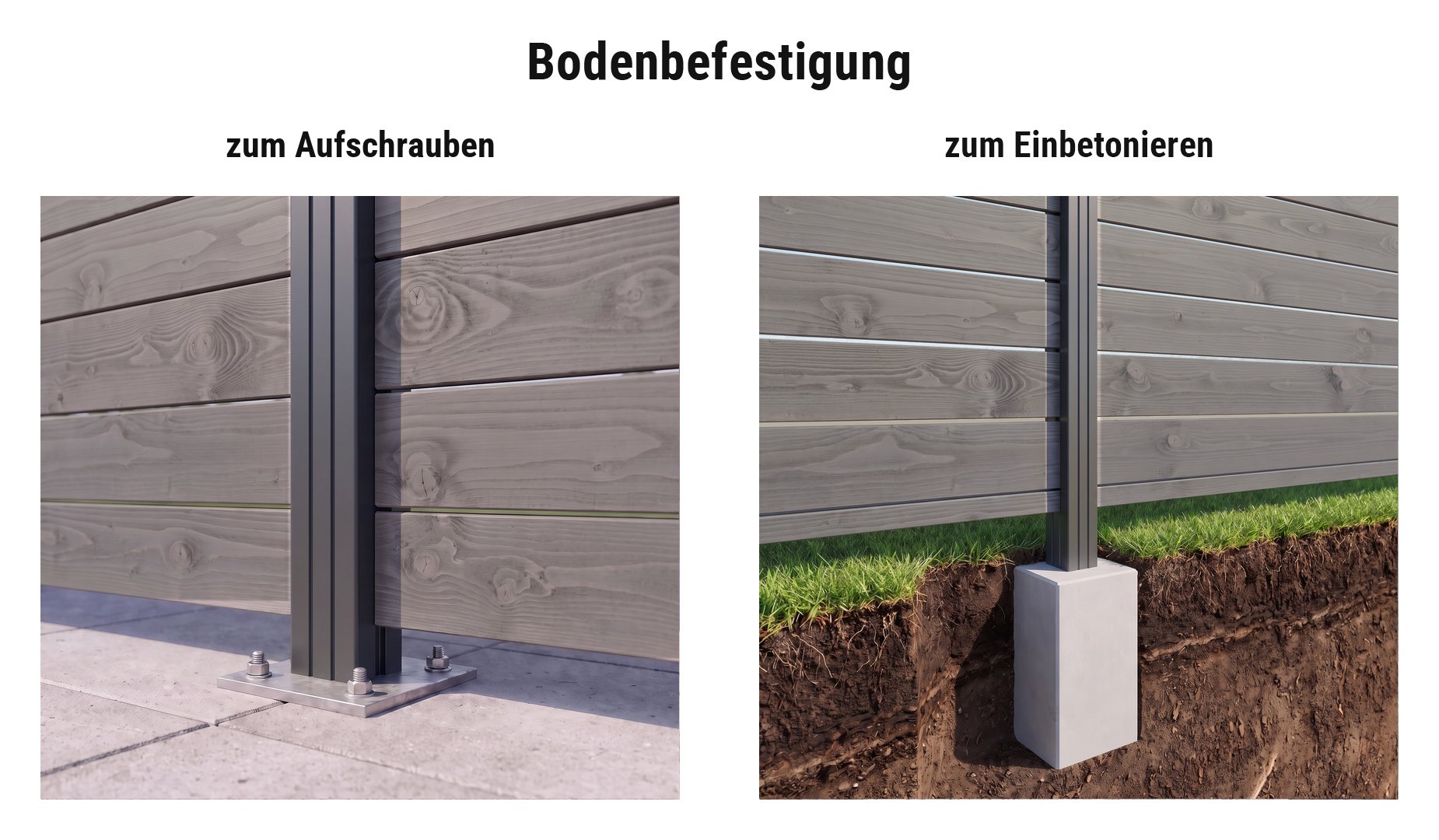 Montage Holz Zaunsystem Münster: Alupfosten mit Pfostenträger Trent oder im Betonfundament
