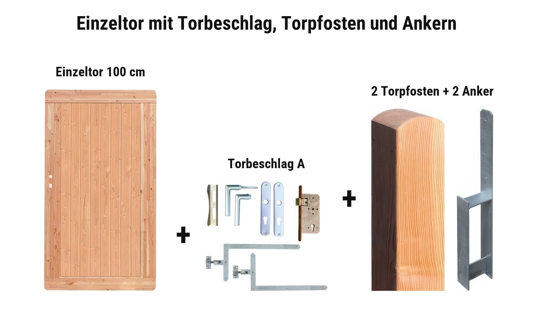 Einzeltor Sion Massiv mit Torbeschlag A, 2 Torpfosten 11 x 11 cm und 2 Torpfostenankern
