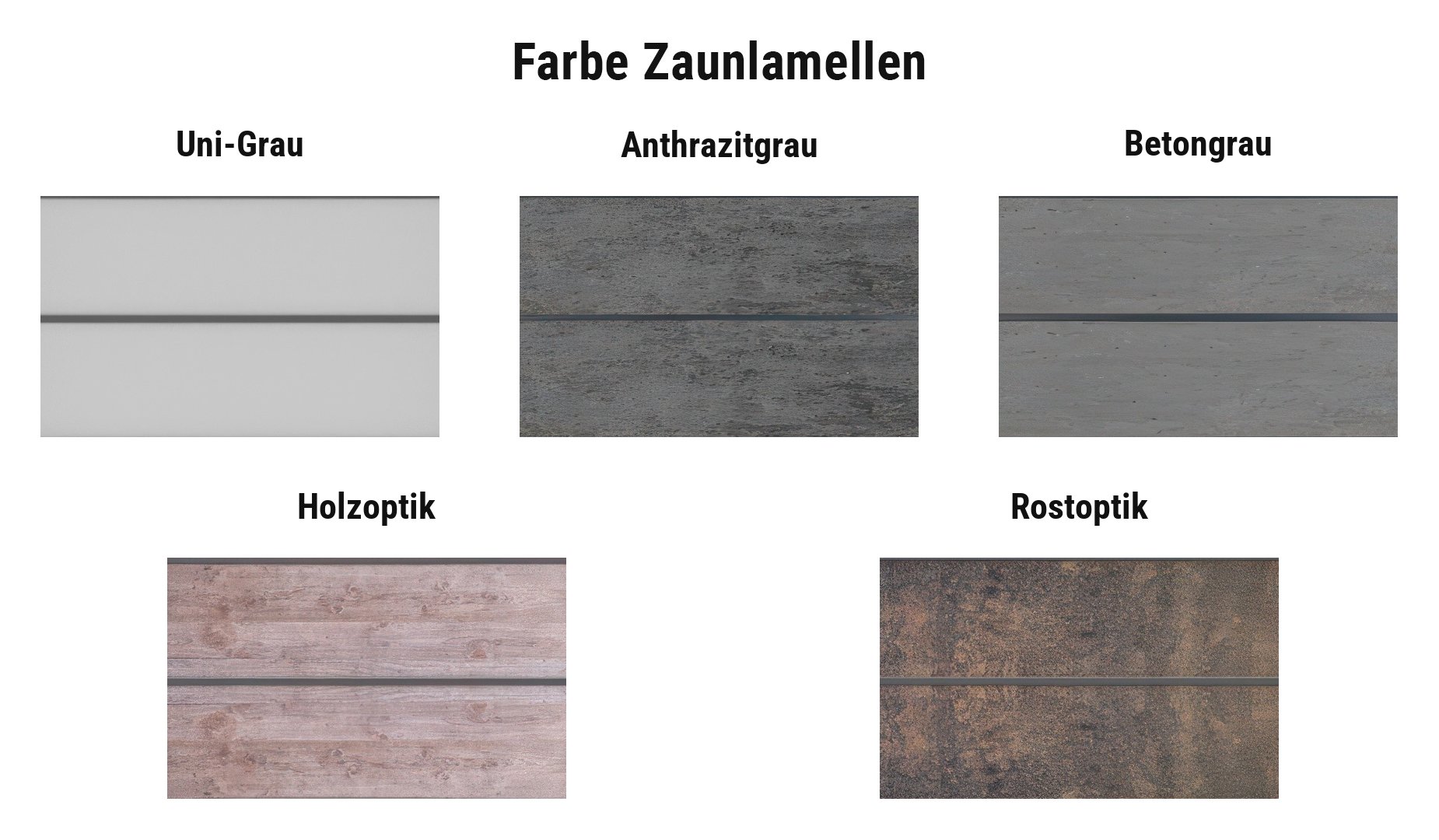 Dekorauswahl HPL Sichtschutzwand Roskilde: Uni-Grau, Anthrazitgrau, Betongrau, Holzoptik oder Rostoptik