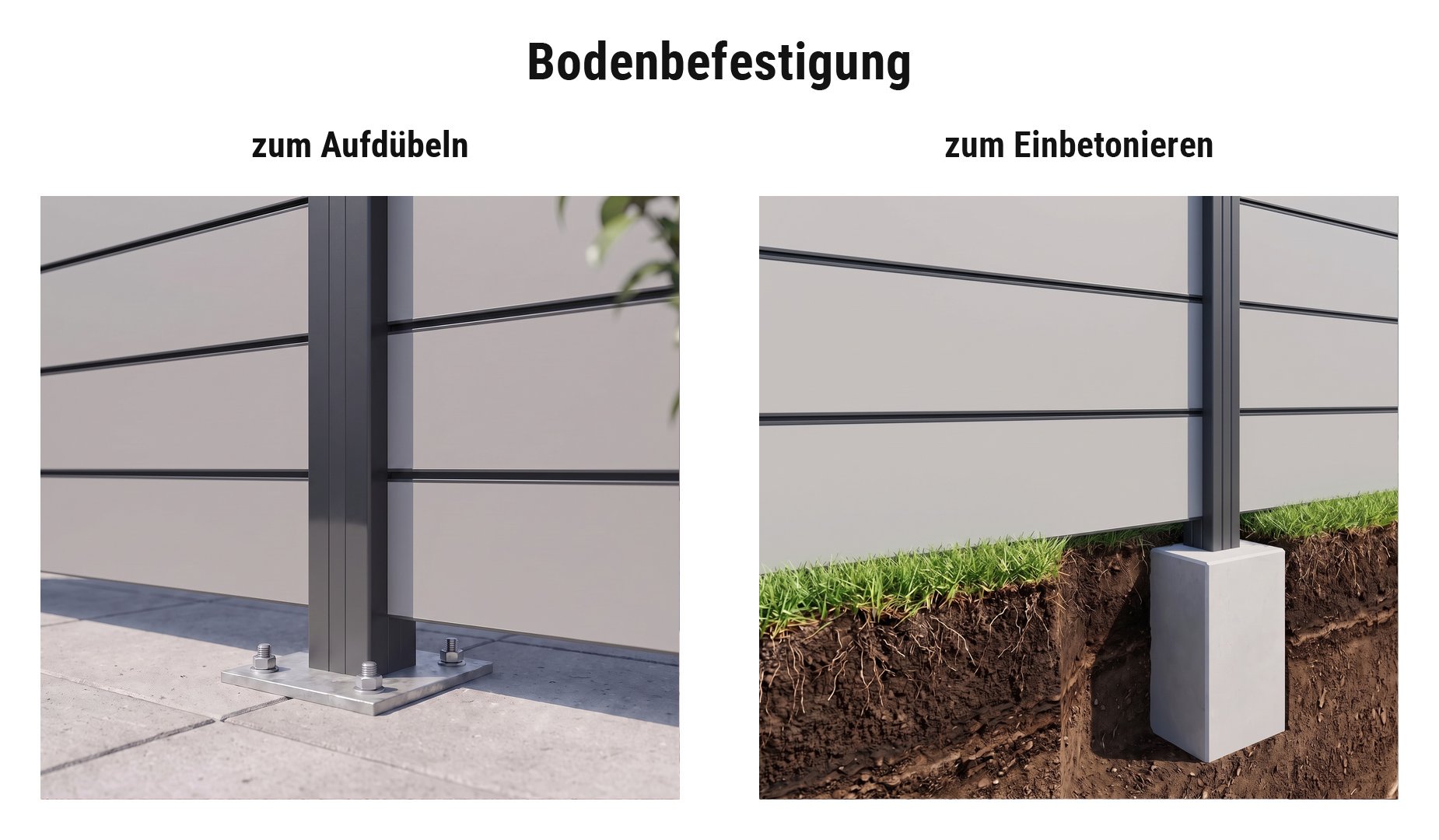 Montage HPL Sichtschutzwand Roskilde: Alupfosten mit Pfostenkonsole aufgedübelt oder im Betonfundament